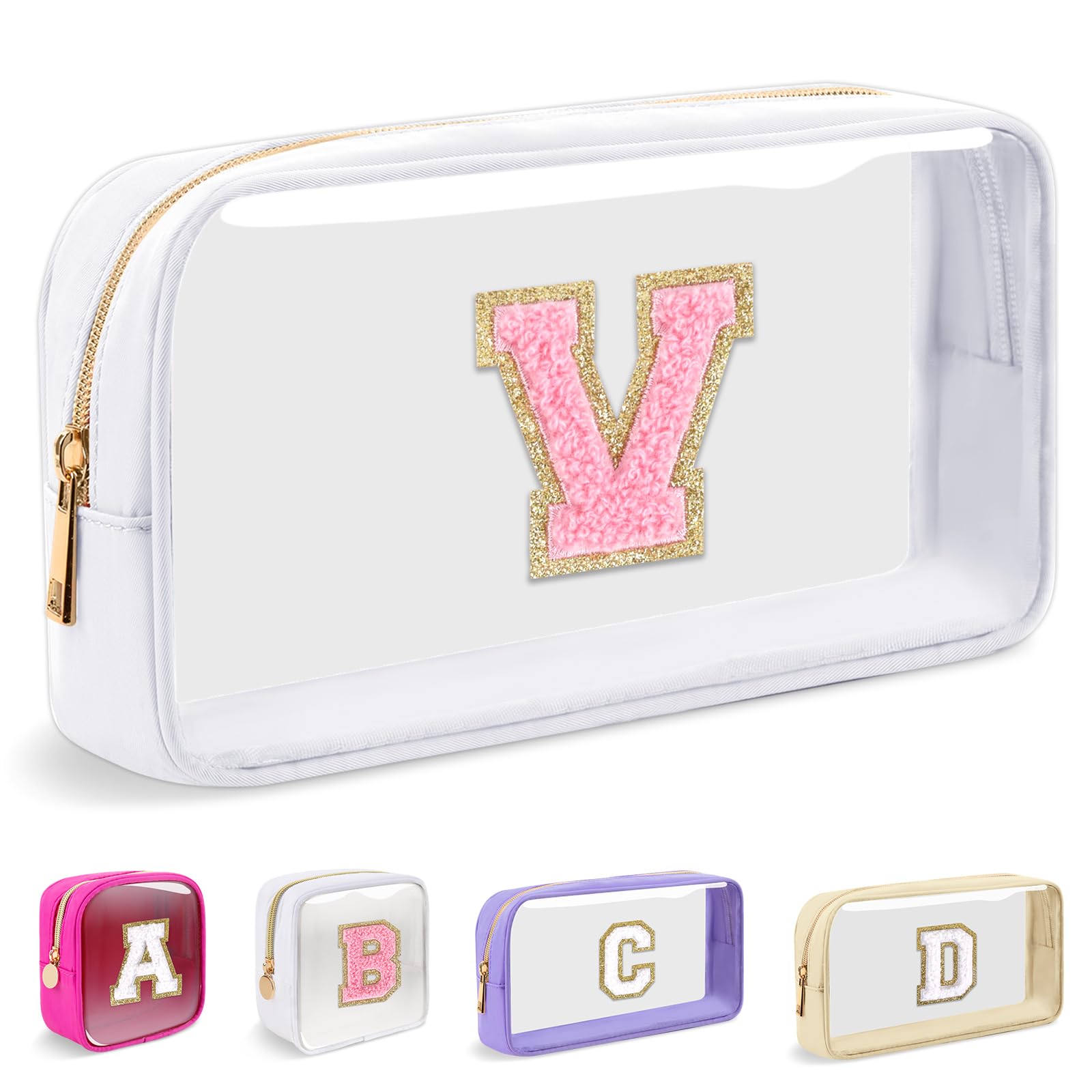 Small Clear Personalized Initial Makeup Bag, Preppy Nylon A-Z Chenille Letter Patch Makeup Organizer TSA Approved Travel Toiletry Bag,Waterproof Zip