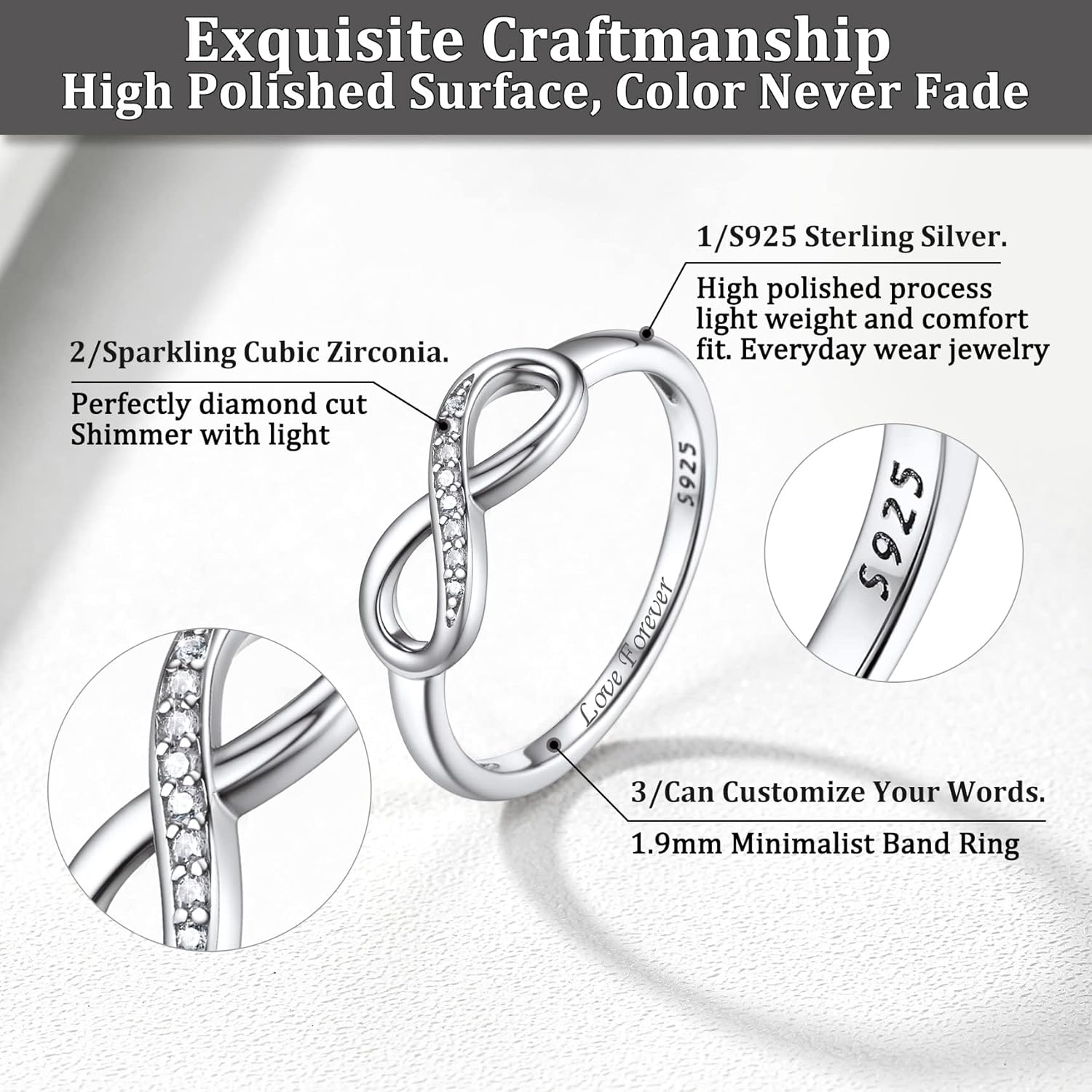 Bestyle Simple S925 Sterling Silver Infinity Rings Cubic Zirconia Rings, Nice Cute BFF Friendship Rings, Dainty Eternity Promise Wedding Bands Perfect Every Day Ring, Size 4-12, Words Engavable - Image 6