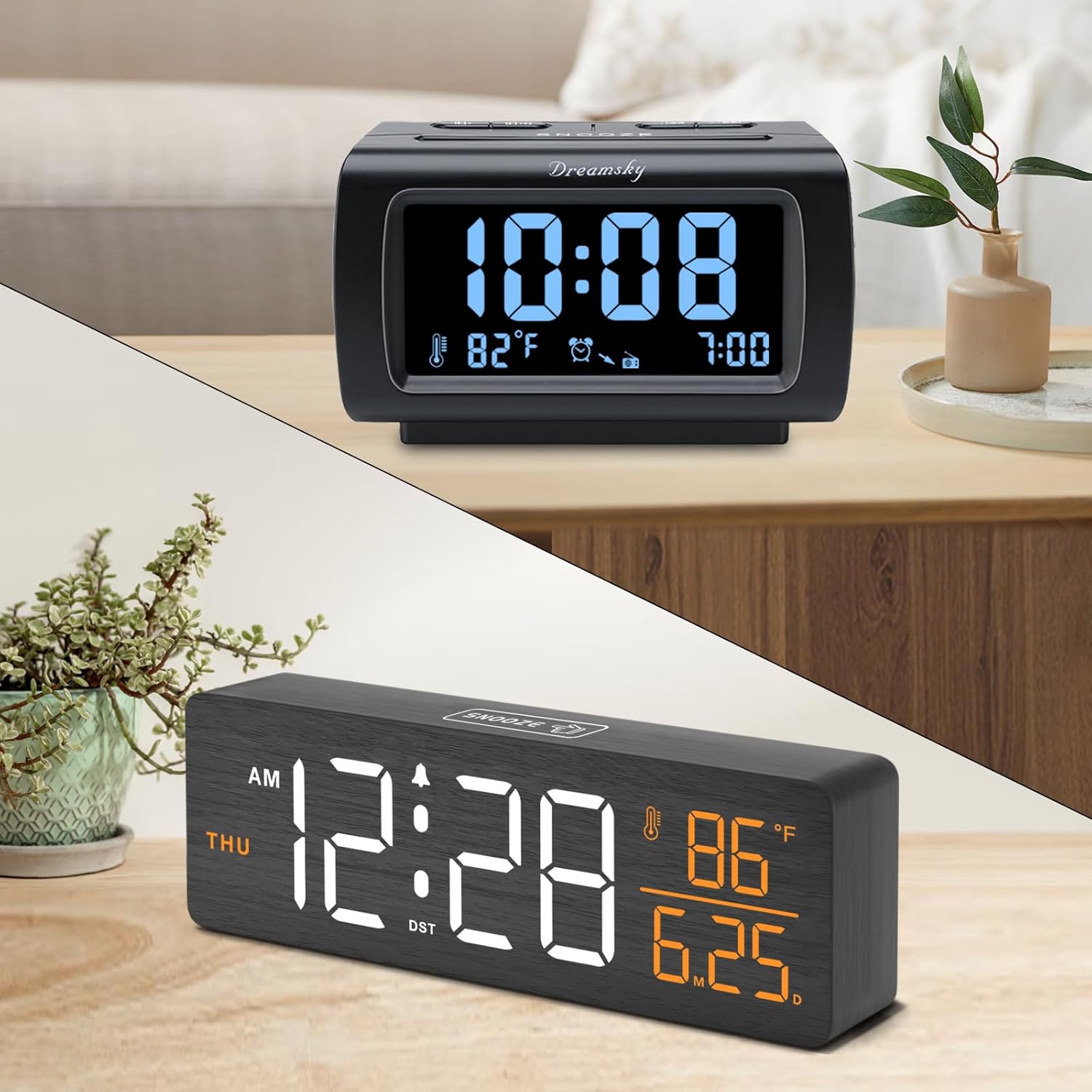 DreamSky Clock Radio + Wooden Alarm Clock with Date and Temp