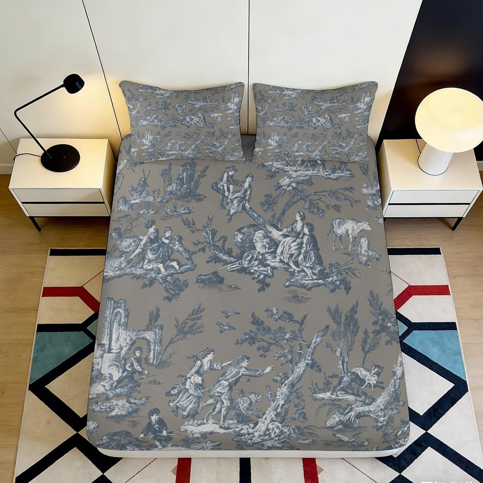 3D Printed Oriental Landscape Fitted Sheet Microfiber Grey Blue Dragon Bed Cover for Bedroom Dorm Mattress Decor 90x200x25cm