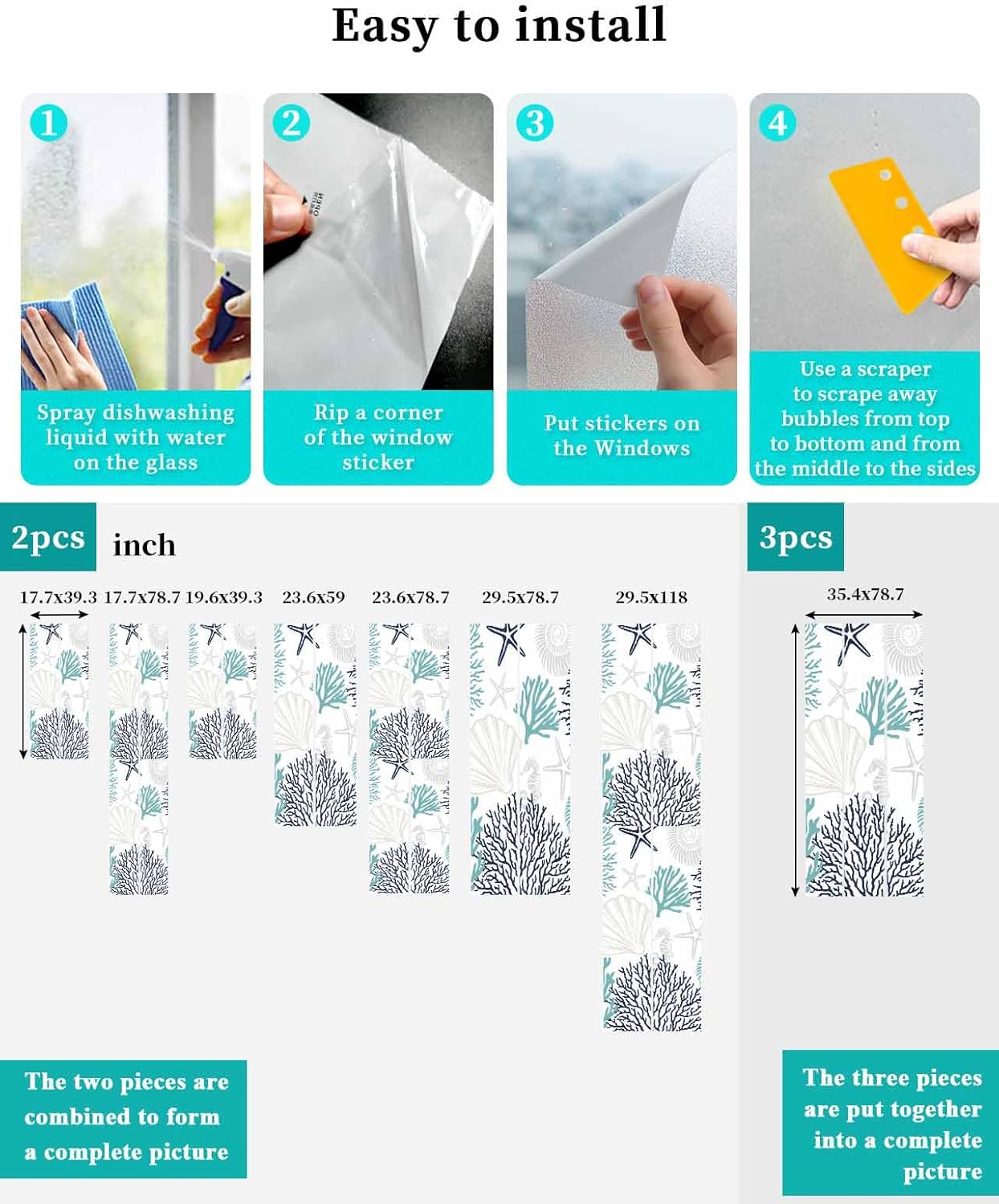 Window Privacy Film Turquoise Shell Window Clings for Glass Windows Starfish Coral Marine Life Windows Film Static Cling Frosted Windows Sticker Covering for Bathroom Living Room Office 29.5"x78.7"