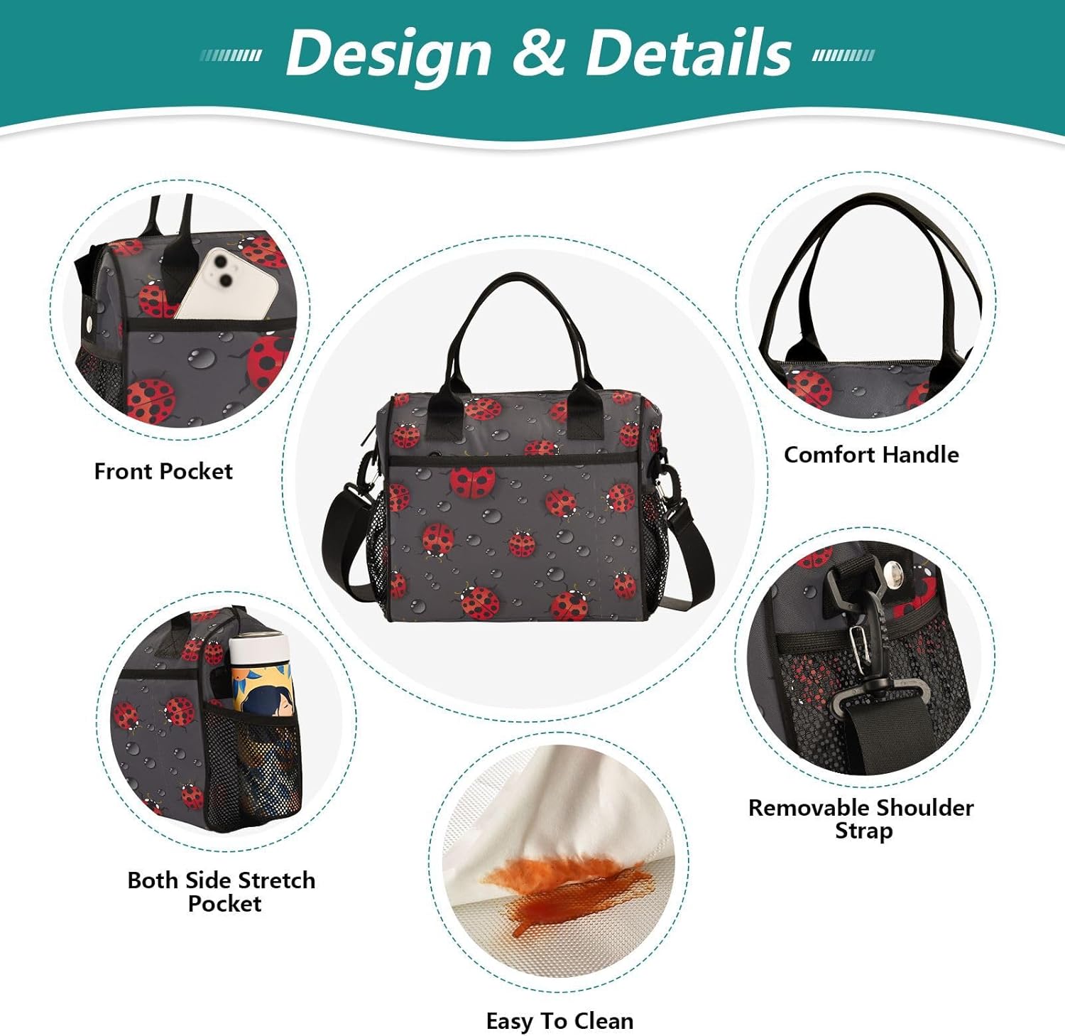 Red Ladybugs Lunch Bag Reusable Lunch Box for Office Picnic Hiking Beach, Insulated Cooler Tote Food Container with Adjustable Shoulder Strap for Men Women Adults