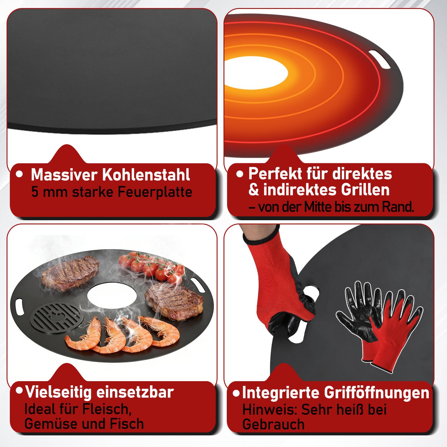 Carbonstahl Feuerplatte Ø 80 cm mit Grilleinsatz und Handschuhen, Grillplatte für Feuertonne und Feuerschale, Plancha Grillring für BBQ und Teppanyaki