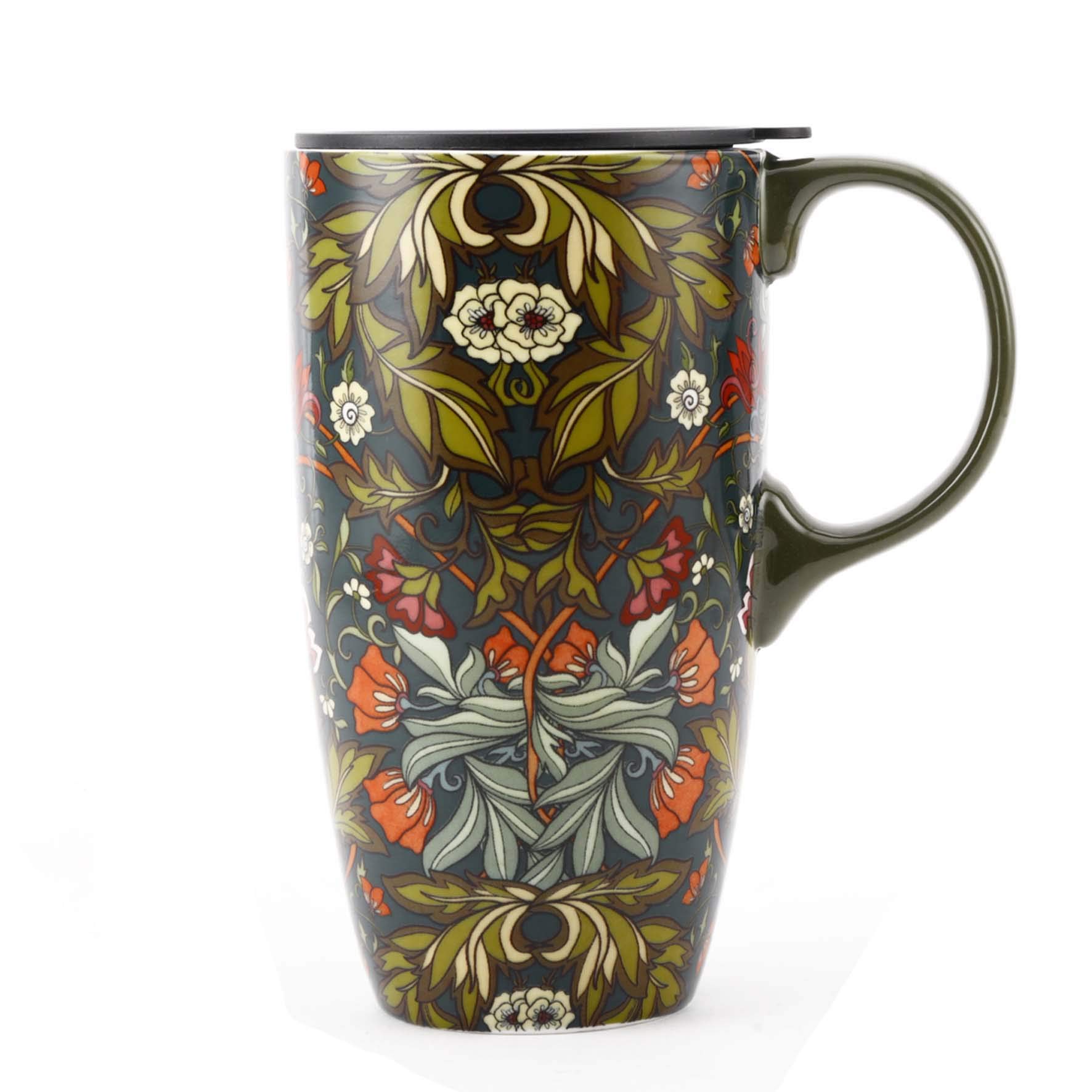 Topadorn Ceramic Coffee Mug Travel Cup Gift with Lid 17oz., Porcelain Tall Tea Cup with Handle for Home & Office, Green Floral Art Pattern Gift Mug, 6.5''H