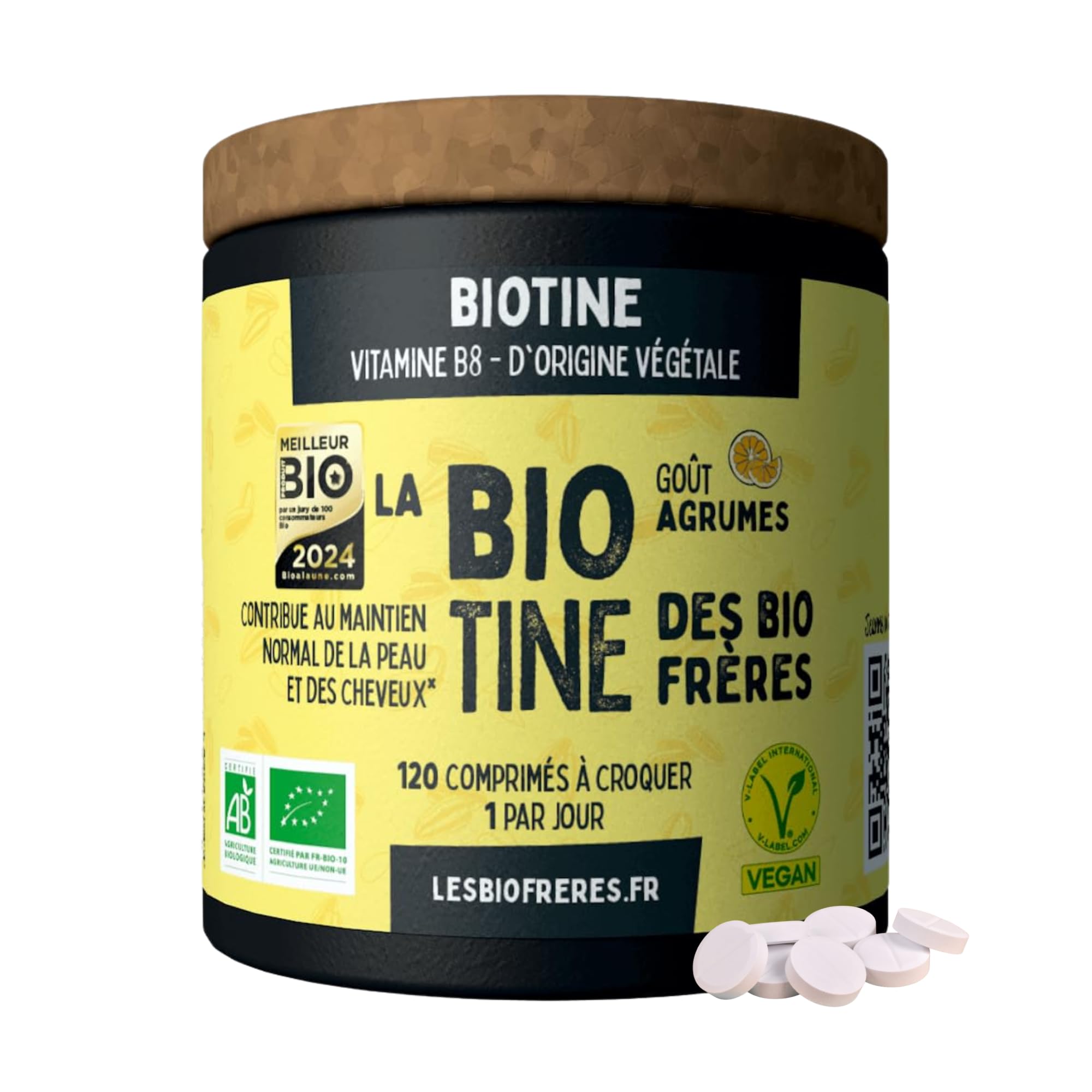 Les Bio Frères - Biotine Vitamine B8 Naturelle 400 µg, 800% des AR - Cheveux Forts et Ongles Résistants - Peau Saine et Vitalité - 120 Comprimés - Cure 4 Mois - Fabriqué en France