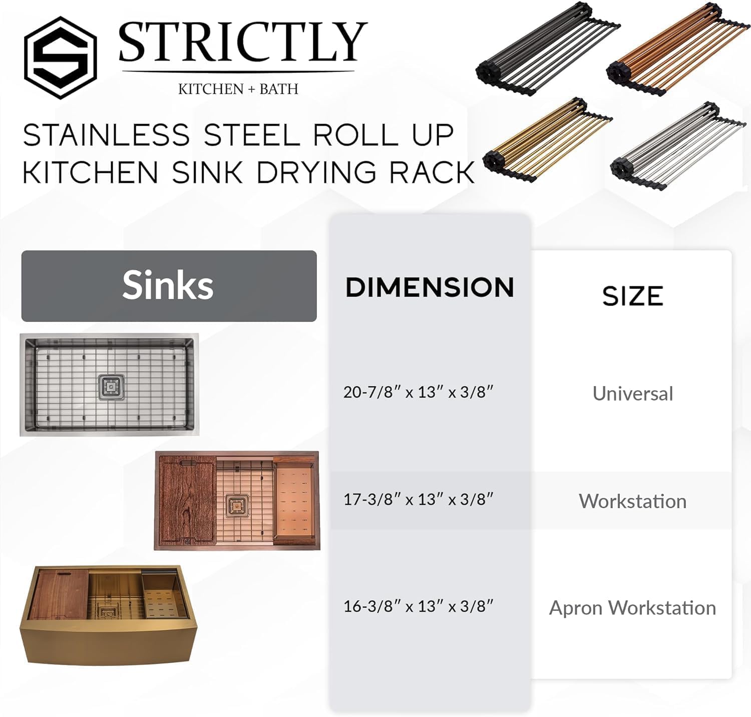 Strictly Sinks - Scolapiatti arrotolabile in acciaio inox, 53 x 33 cm, in rame lucido, multiuso, pieghevole sopra il lavello, scolapiatti da cucina, griglia di raffreddamento da banco