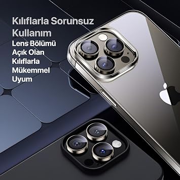 Minesk iPhone 15 Pro - 15 Pro Max / 14Pro - 14ProMax Modellerinin Tümüne Uyumlu Alüminyum Alaşım Çerçeveli ve 9H Sertliğinde Temperli Camlı Lens Koruyucu (Safir Natural Titanyum)
