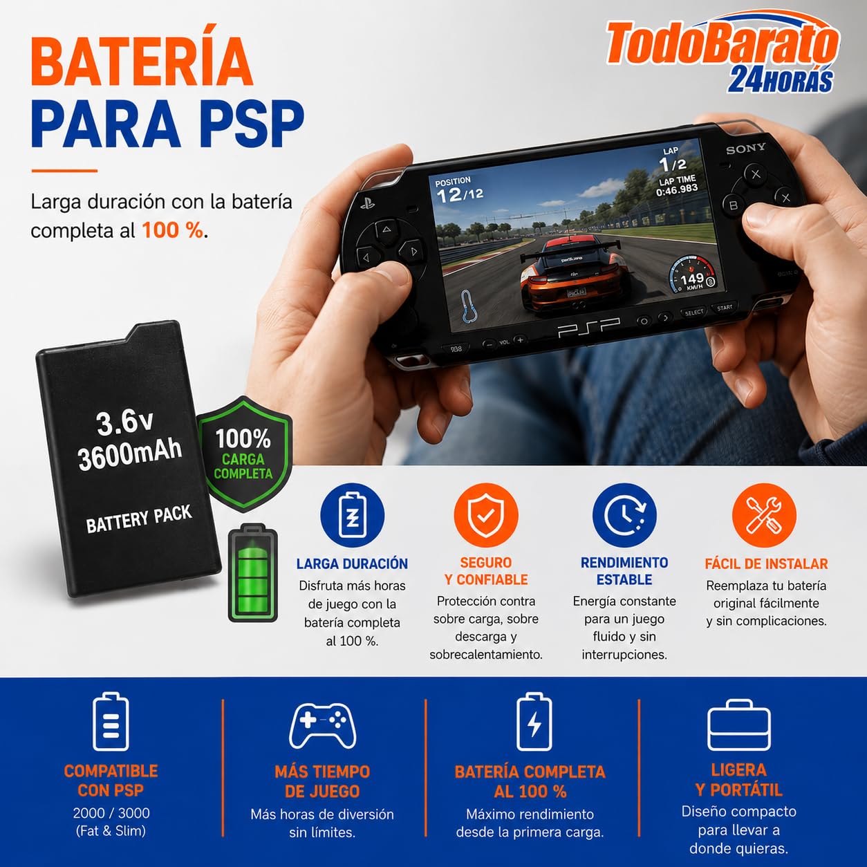 TD24H 2 x Bateria para Sony PSP Slim PSP-2000 / PSP-2004 3600 mAh | PSP Brite (PSP-3000 / PSP-3004) PSP-S110