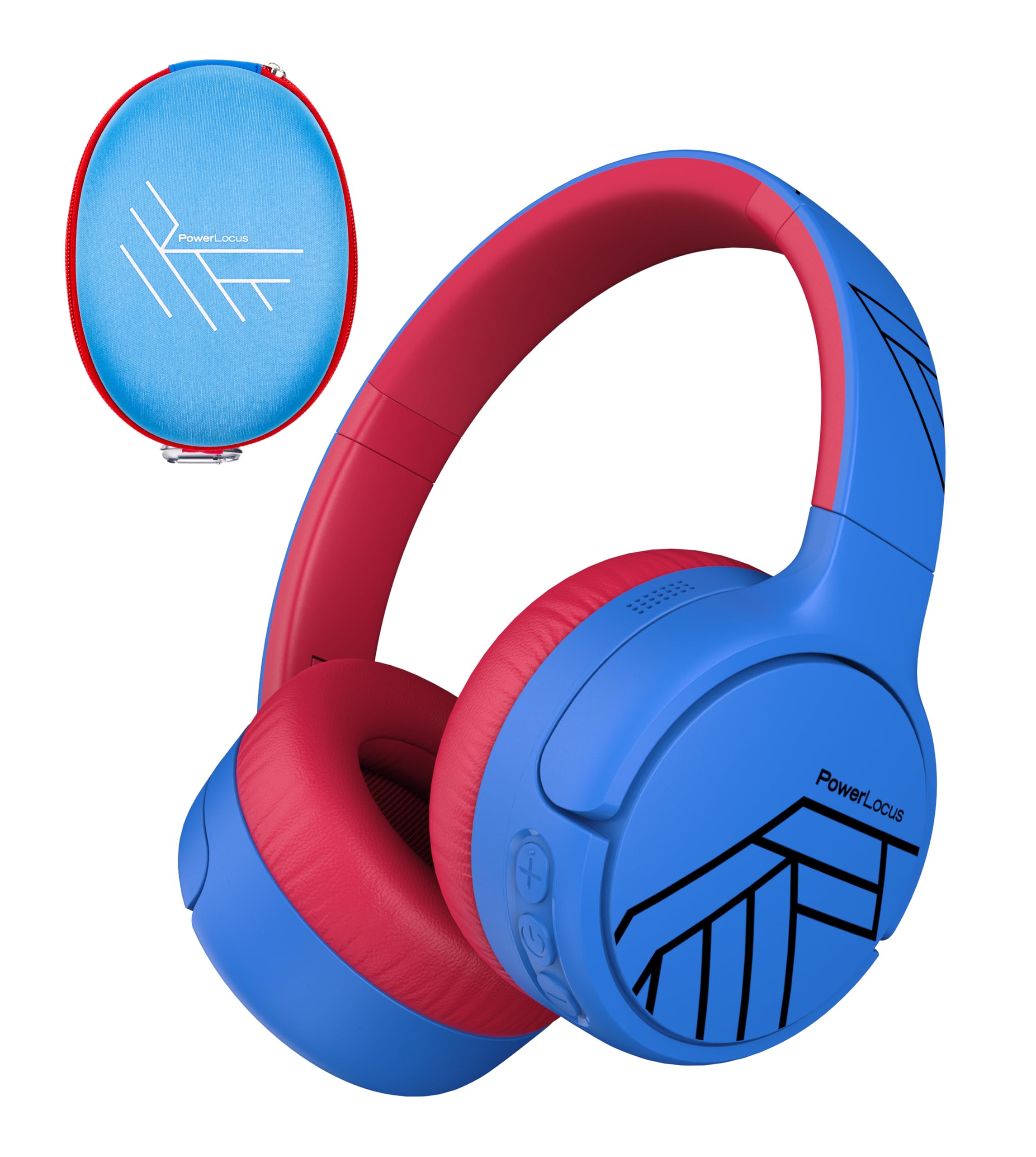 PowerLocus Cuffie Bluetooth per bambini, con cancellazione attiva del rumore, 74/85/94 dB, volume sicuro, pieghevole con tasca in tessuto, tempo di riproduzione 60 H con microfono e Aux per cellulare