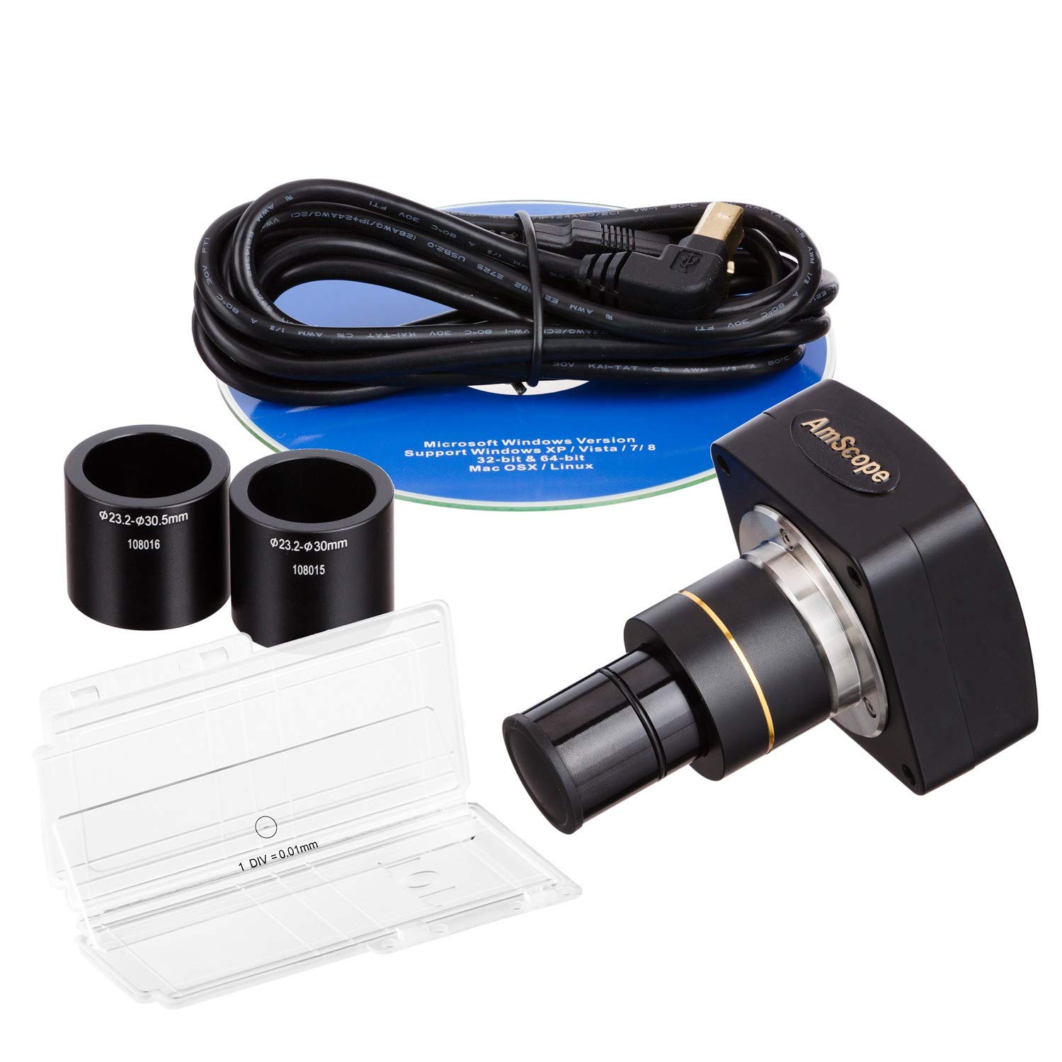 AmScope - Cámara de microscopio digital de montaje en C CMOS de color de alta velocidad de 3MP USB 2.0 con lente de reducción y kit de calibración - MU300-HS-CK