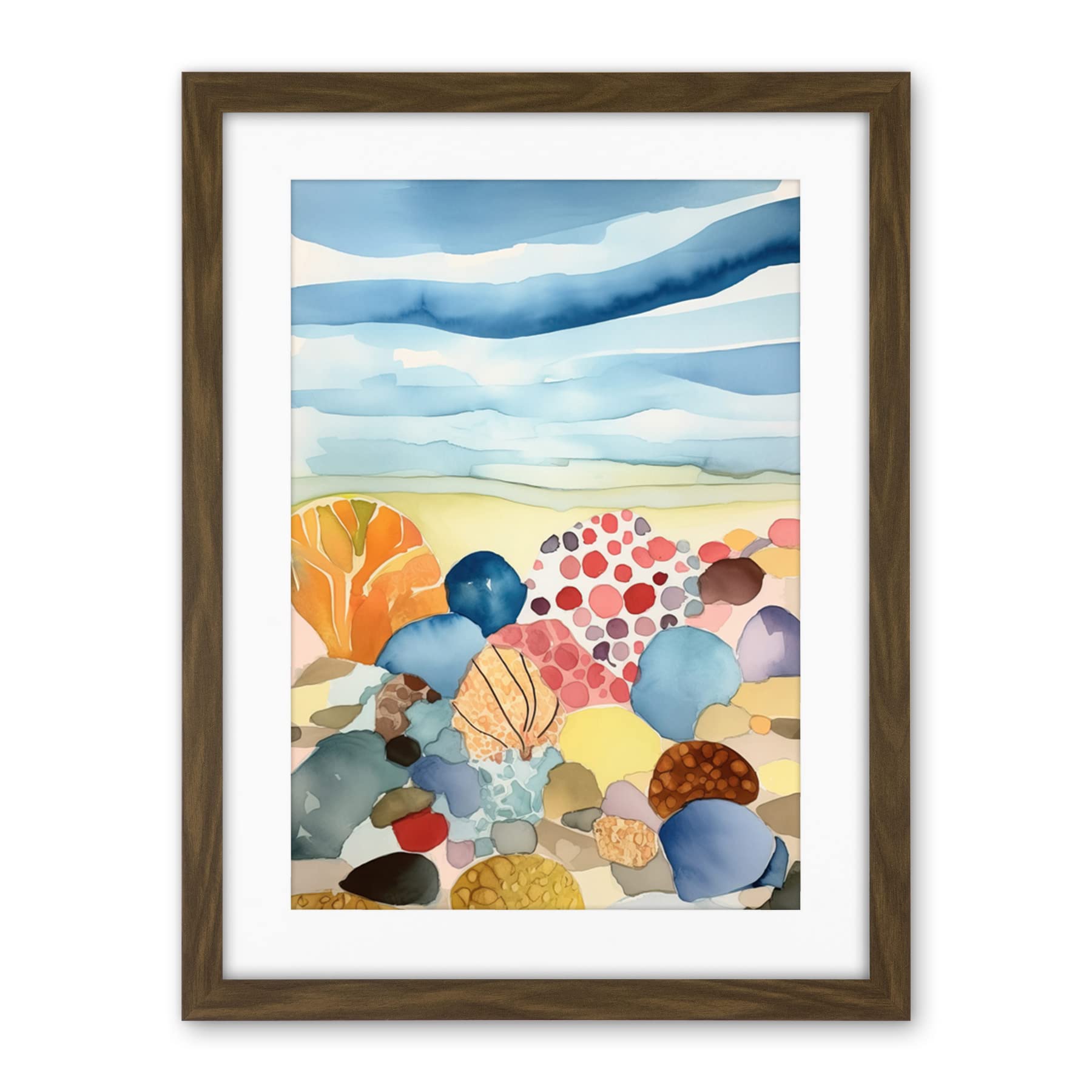Artery8 Seaside Beachcombing Colourful Seashells And Beach Pebbles Watercolour Painting Artwork Framed Wall Art Print 18X24 Inch