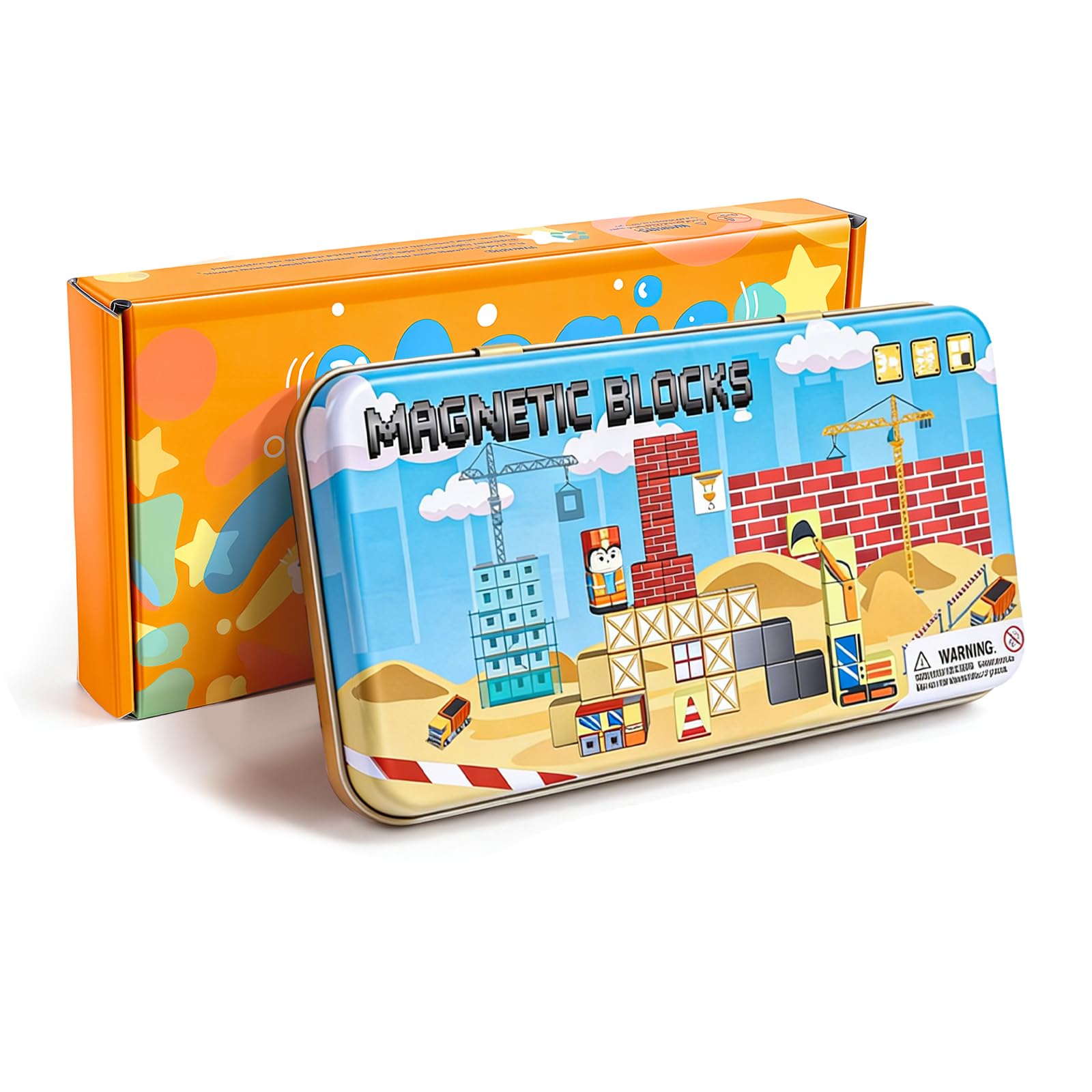 MEESHEEP Magnetic Blocks Travel Set, Engineering-Themed with Tin - Travel-Friendly Airplane & Car Toys for Boys & Girls Ages 3+, Educational Building Set 35PCS, Suprise Gifts for Kids