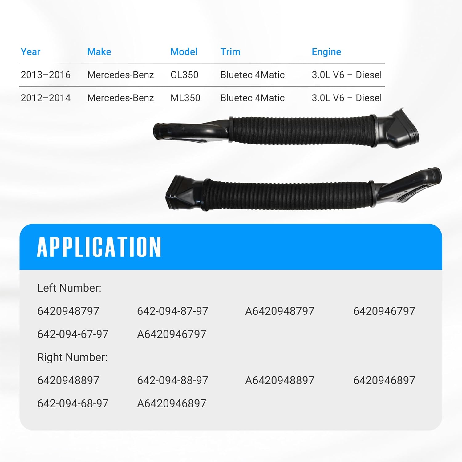 Air Cleaner Intake Duct Hose Left & Right for 2012 2013 2014 Mercedes Benz ML350 2013 2014 2015 2016 Mercedes Benz GL350 Bluetec 4Matic 6420948797 6420948897