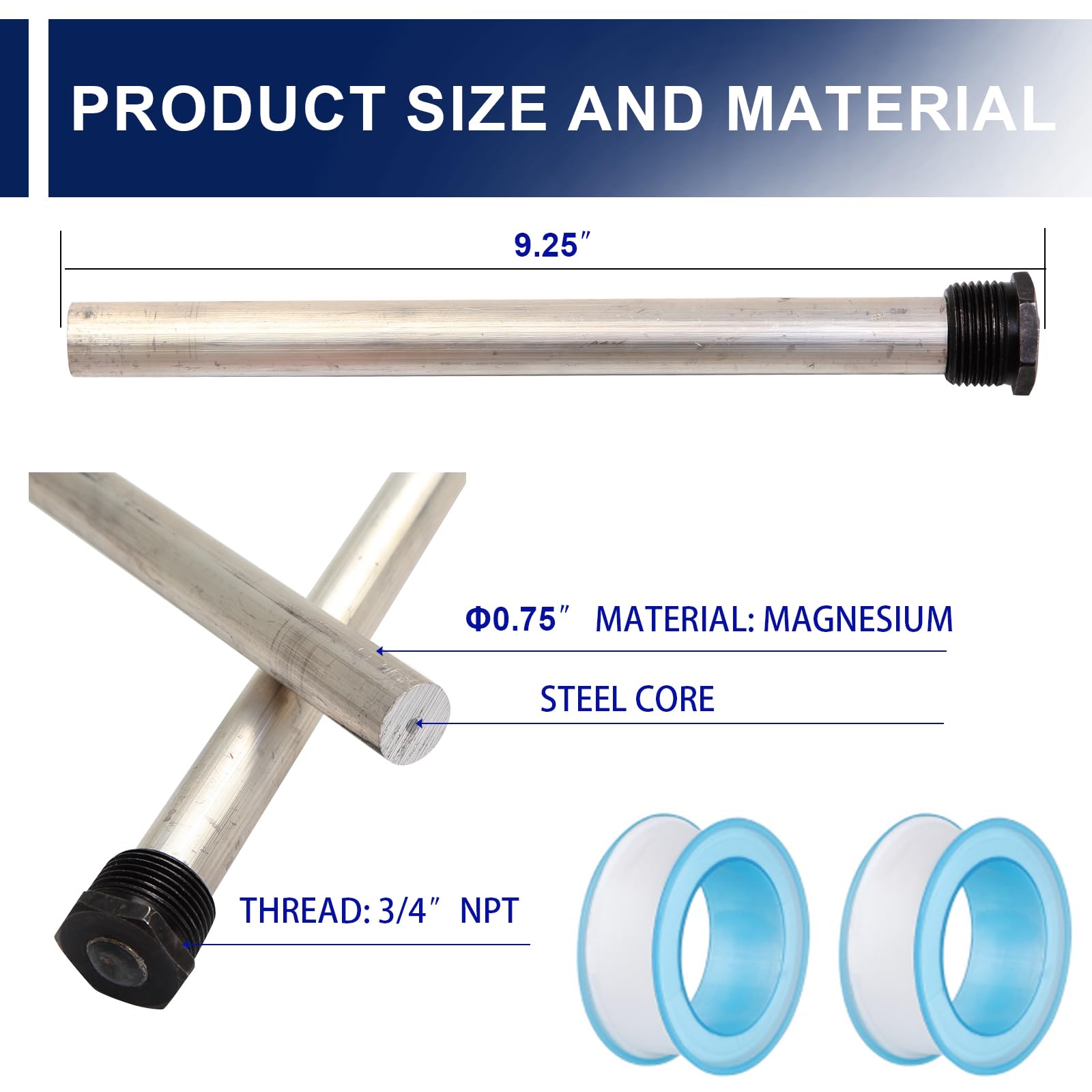 Varilla de ánodo para calentador de agua RV, paquete de 2, compatible con calentador de agua Suburban RV, barra de ánodo de magnesio para calentador de agua caliente, rosca NPT de 9.25 pulgadas de