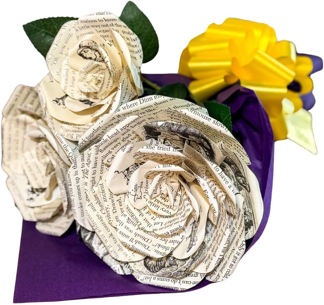 Handmade Alice's Adventures in Wonderland and Through The Looking Glass Paper Flower Bouquet, 3 Roses Made from Novel Pages- Book Lovers Gifts for Anniversary, Birthday, Weddings