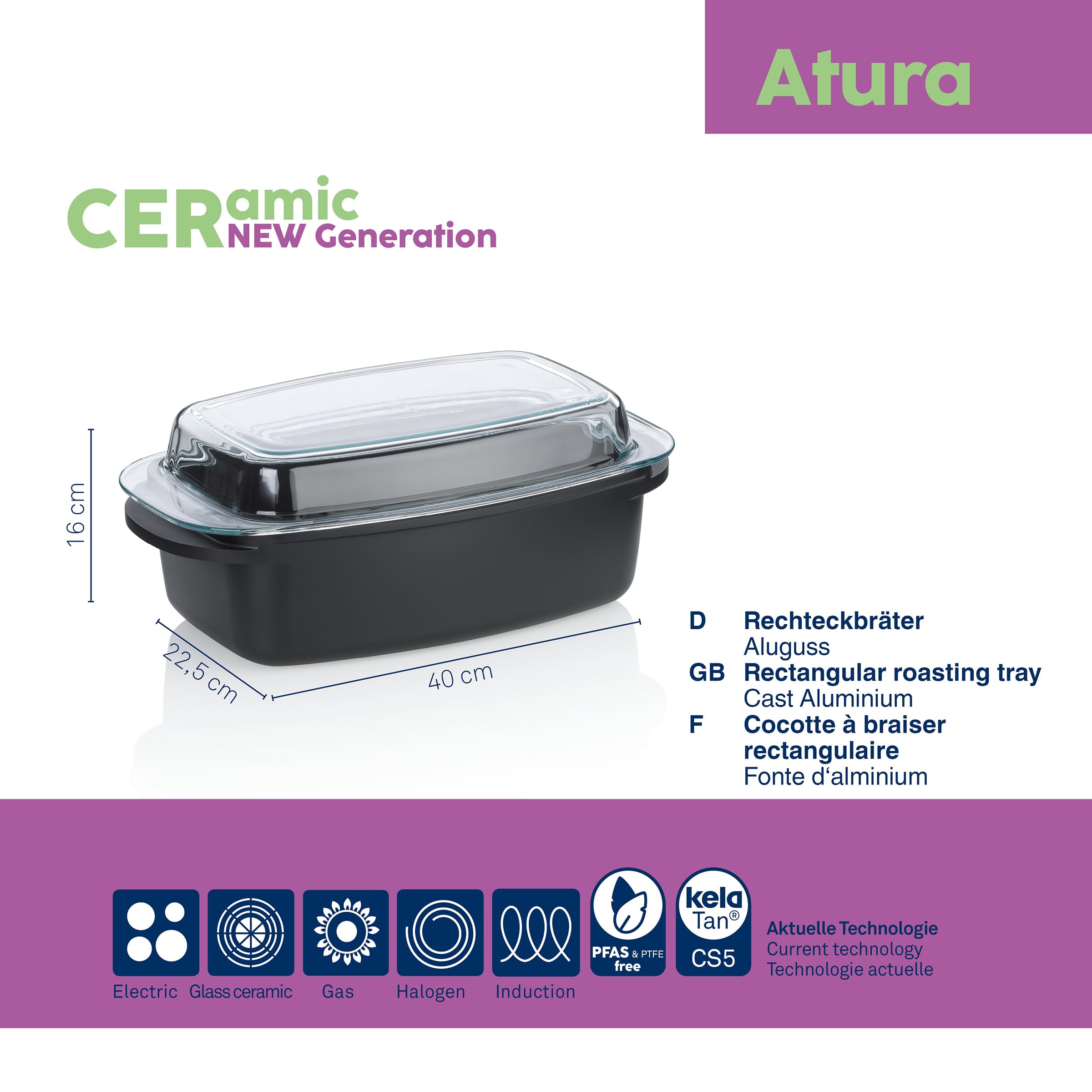 kela tegame con coperchio 4,5 litri ATURA, tegame rettangolare adatto all'induzione, pentola adatta al forno, alluminio pressofuso con rivestimento ceramico, senza PFAS
