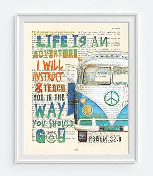 ART FOR THE MASSES Psalm 32:8 - Life Is an Adventure - Classic Antique Van Car - Vintage Bible Verse Scripture Wall Art Print, Unframed, Christian Wall and Home Decor