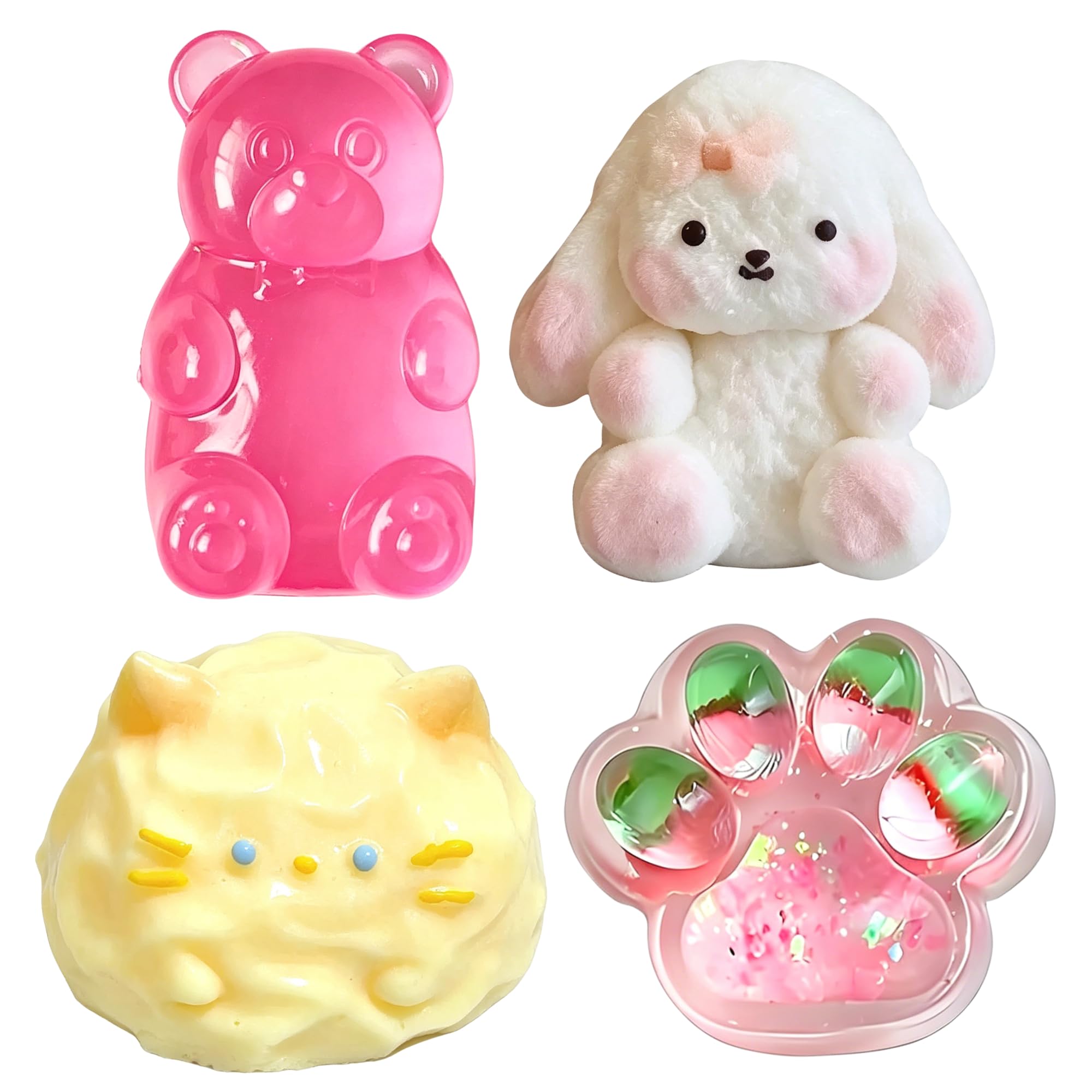 4Pcs Taba Squishy Kit, Kawaii Animal Gummy Bear, Rabbit, Kitten & Strawberry Cat Paw Slow Rise Squishy, Premium Tpr Squeeze Toys, Portable Fidget stress toys For Adult Kids Stress Relief