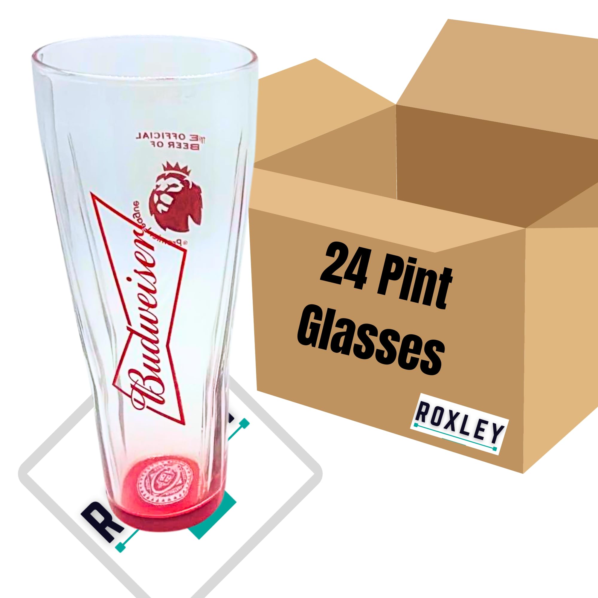 Roxley Budweiser Pints Glasses X24 Original Nucleated Lager Pint Glass Glasses 67 cl
