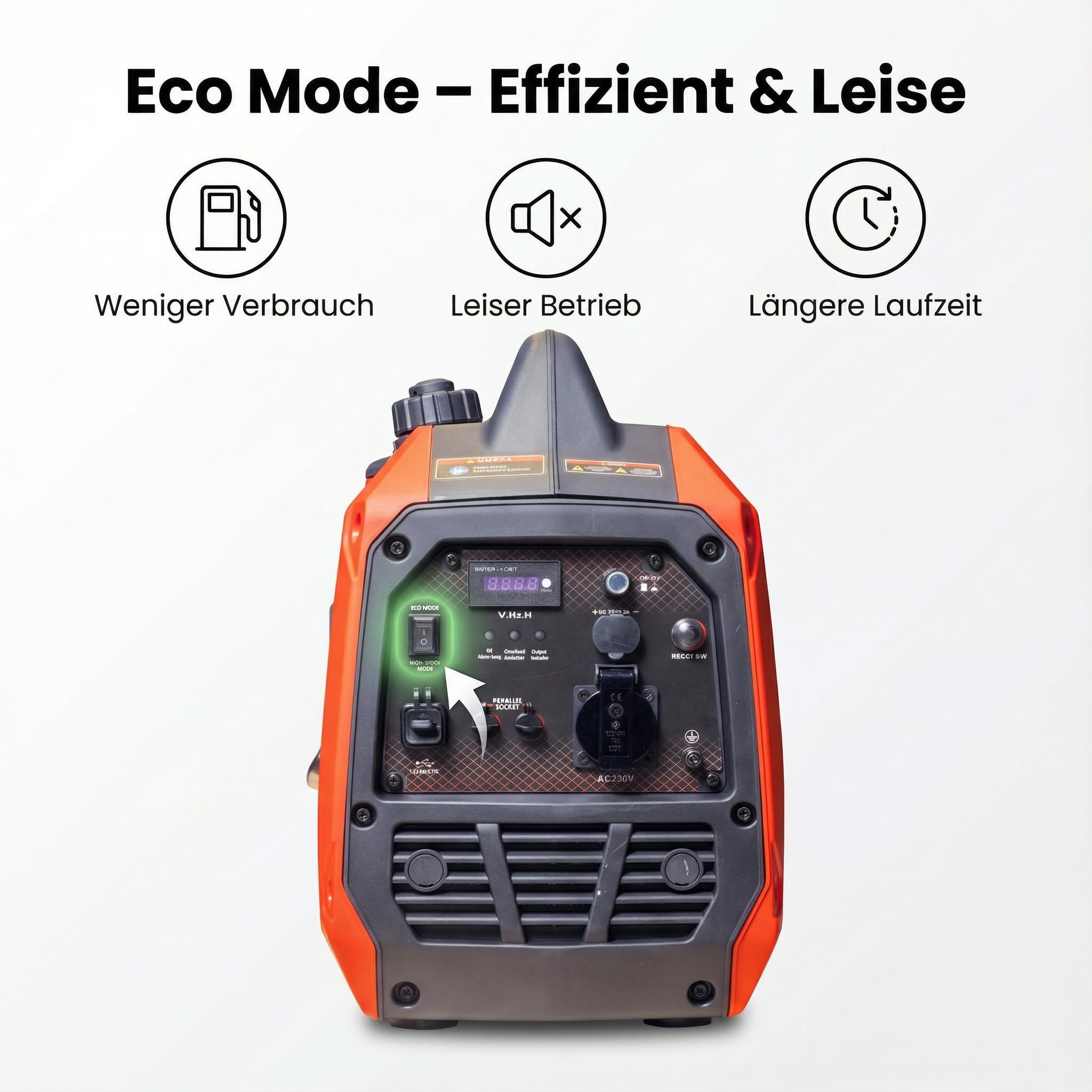 Leiser Inverter Stromgenerator 2000W - tragbares Benzin Notstromaggregat mit reiner Sinuswelle, Eco-Modus, Parallelbetrieb, USB-C & 230V - ideal für Camping, Wohnmobil, Wohnwagen & Outdoor
