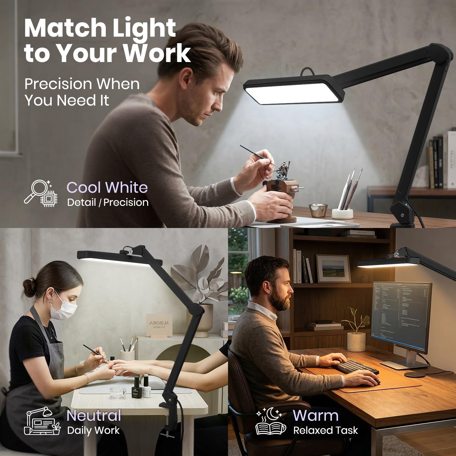 Neatfi XL 2.500 Lumen 30W LED-Arbeitslampe – 56 cm breiter Lampenkopf | 324 SMD-LEDs | 5 Lichtmodi | 3000K–6000K | Dimmbar | Schreibtischlampe für Zuhause & Büro (Schwarz, CCT mit Klemme)