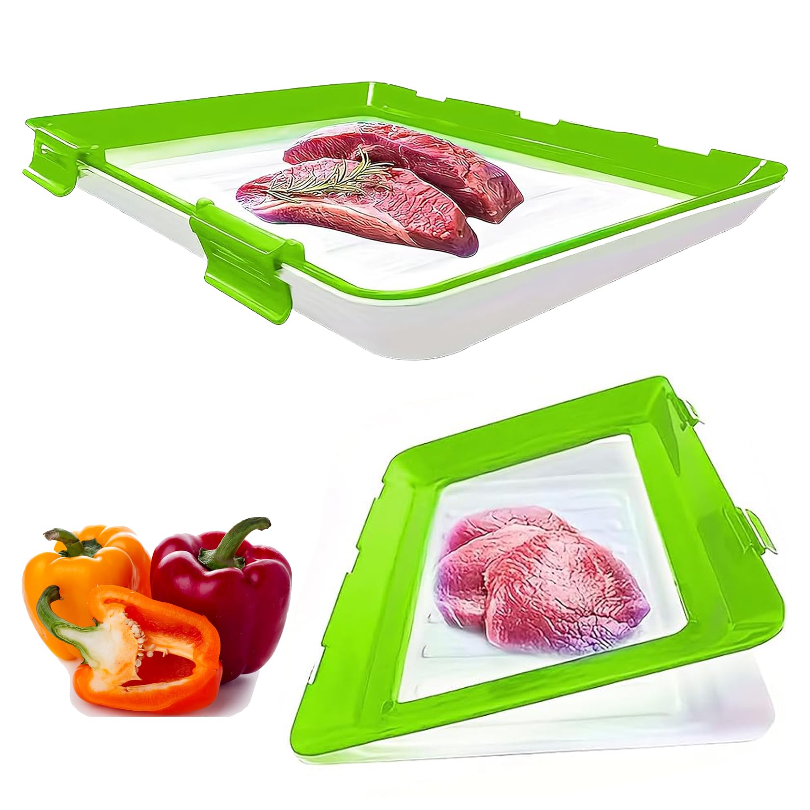 Vacuum Seal Food Storage Tray – Stackable Reusable Fresh Container with Buckle & Stretch Lid, BPA-Free Fridge Saver – 30×23cm, 1/2/3/4-Pack Options (Green 1-pack)