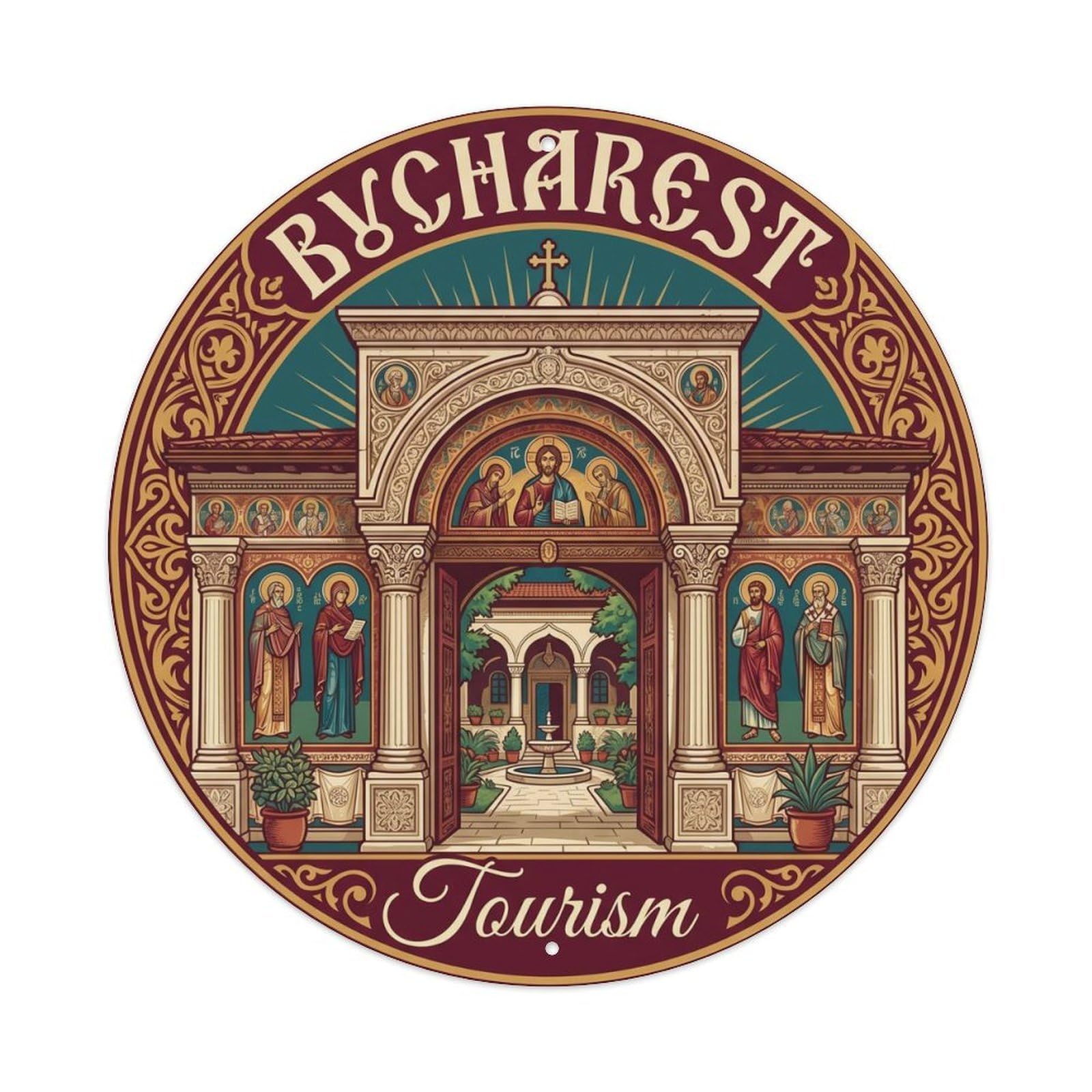 Okahys 8X8inch(20X20cm) Vintage Travel Bucharest Monastery Tourism Metal Tin Sign