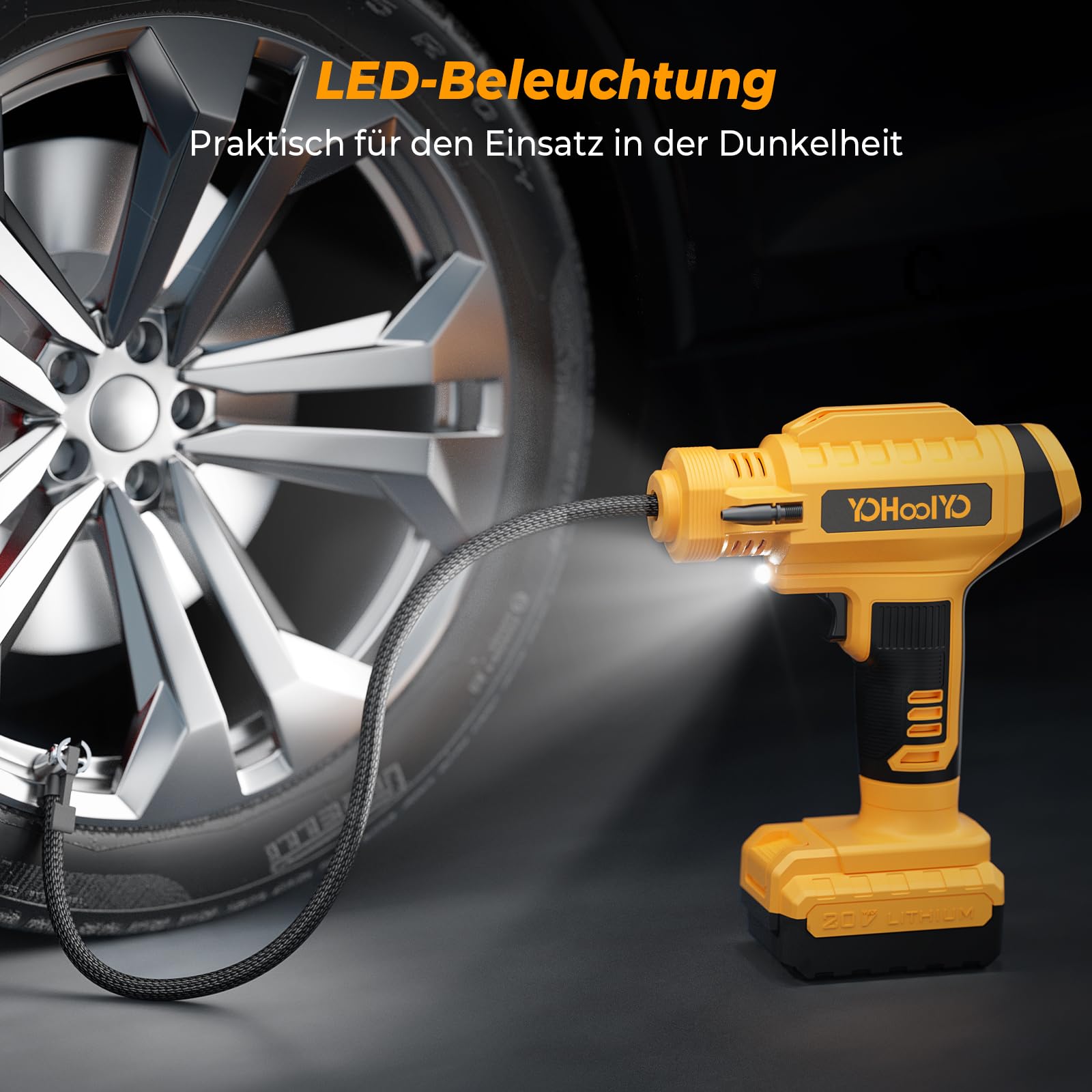 YOHOOLYO Luftpumpe Akku Kompressor Luftkompressor Handkompressor Tragbare Elektrische Luftpumpe AutoOff mit Akku und Auto Netzteil Max 150 PSI für Auto Motorrad und Fahrrad Gelb