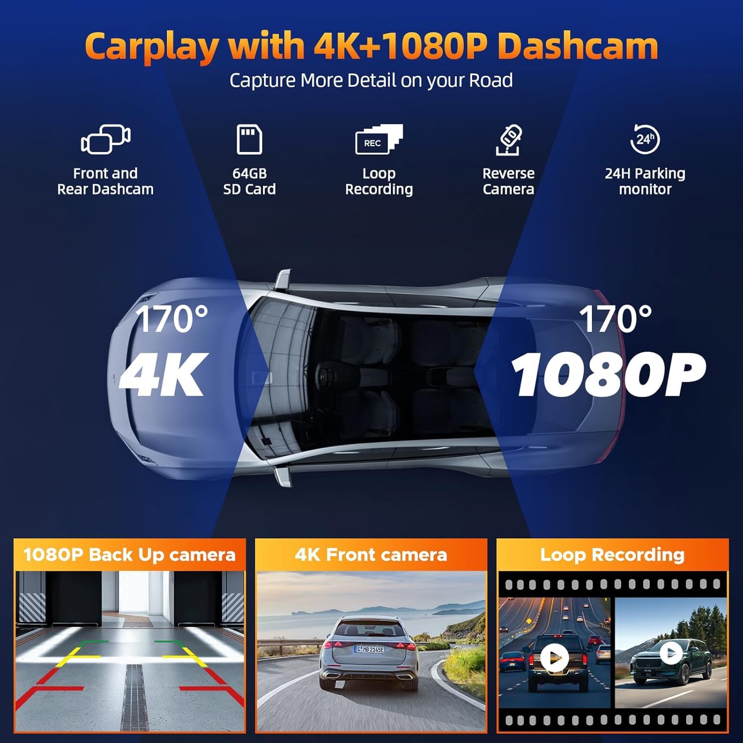 Volam 9.26 Zoll Tragbares Autoradio Carplay Display mit 4K Dashcam Auto Vorne Hinten,1080P Rückfahrkamera, Wireless A-pple CarPlay Android Auto, Mirror Link, GPS, G00gle,Siri, FM,AUX, 64G SD-Karte