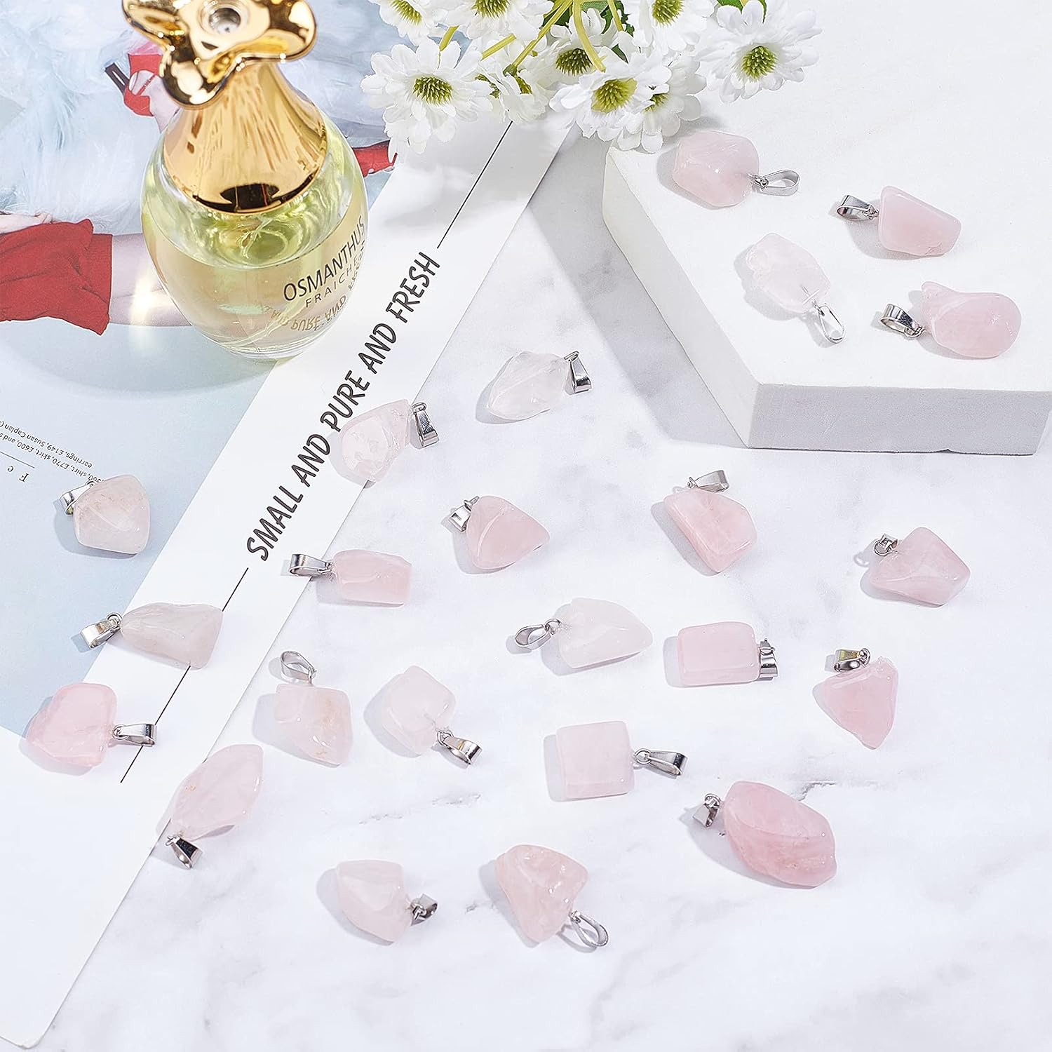 UNICRAFTALE 100pcs Natural Rose Quartz Pendants with Stainless Steel Snap On Bails Crystal Charms Gemstone Charms for Jewelry Bracelet Necklace Making 6x4mm