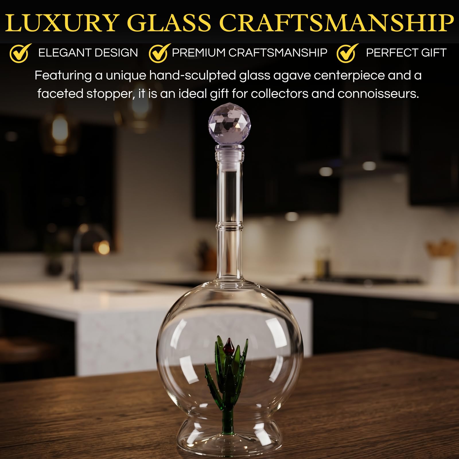 Carafe à décanter à l'aloe vera avec plante d'agave, design rond, carafe en verre parfaite pour bar ou fête à tequila, forme unique, cadeau pour lui, elle, décoration d'intérieur – Grande bouteille de
