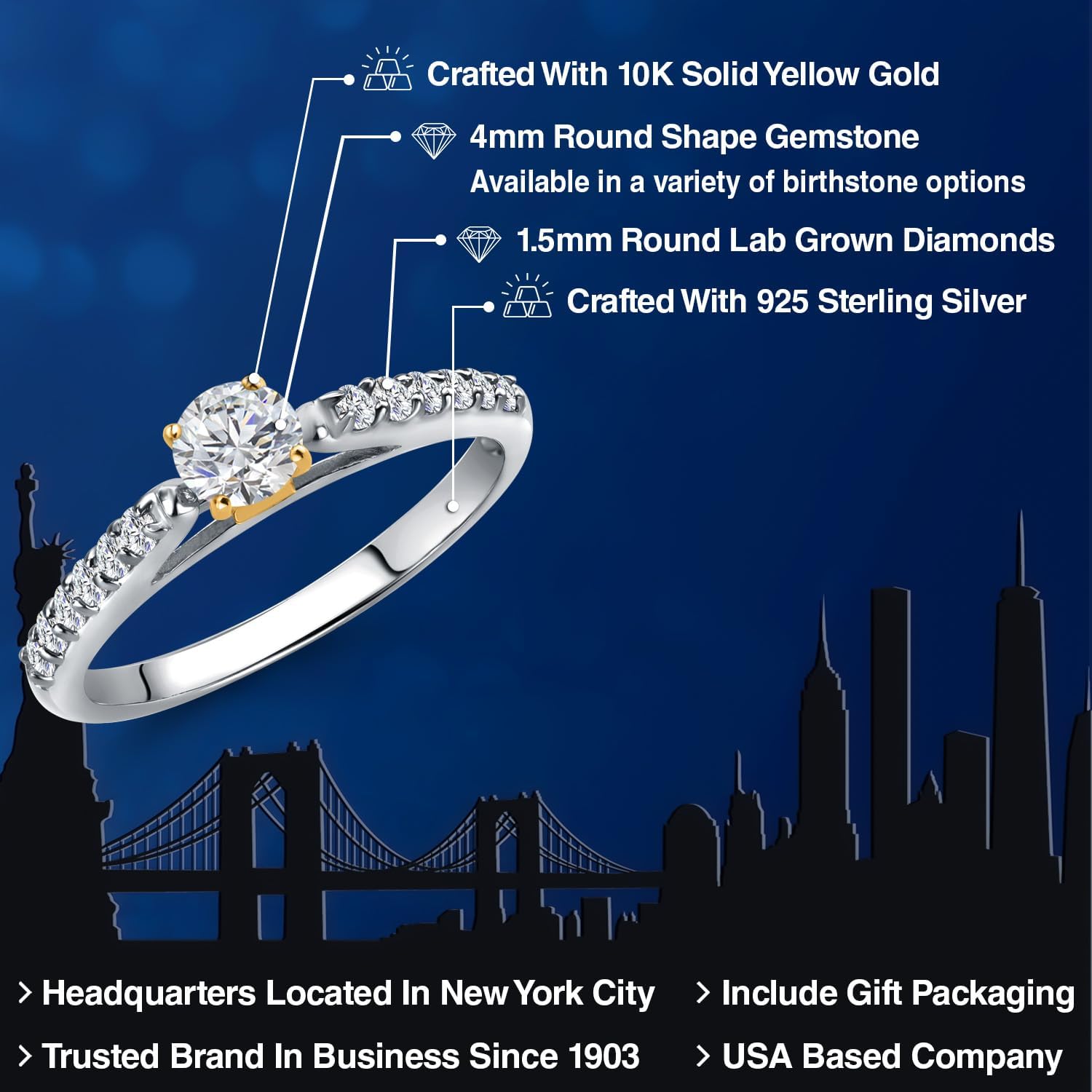 925 Silver and 10K Yellow Gold Gemstone Birthstone and White Lab Grown Diamond Accent Engagement Ring For Women | Round 4MM and 1.5MM | Two-Tone Wedding Anniversary Promise Ring | Sizes 5, 6, 7, 8, 9 - Image 2