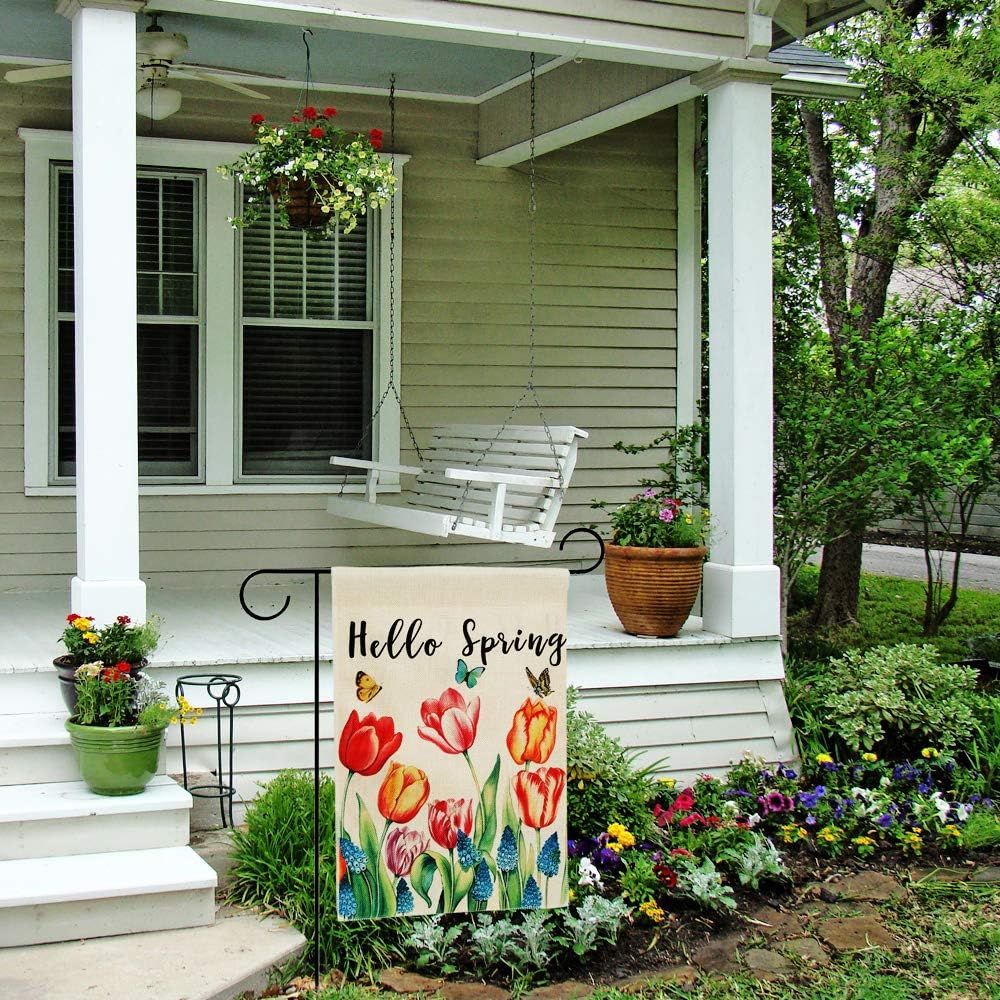 DOLOPL Spring Garden Flag 12.5x18 Inch Double Sided Decorative Hello Spring Watercolor Tulips Butterflies Floral Yard Garden House Flag for Spring Outdoor Indoor Decoration