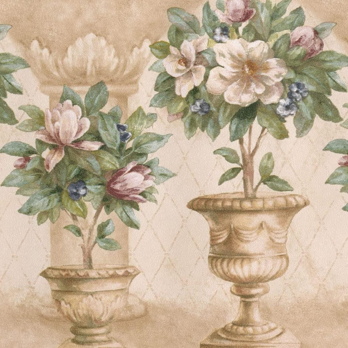 おしゃれ Concord Wallcoverings 壁紙 ボーダー 花柄パターン レトロ ポット 花 葉 バスルーム リビングルーム ベージュ クリーミー グリーン ピンク ホワイト ブルー 5 25インチ X 15フィート Mpb Avmschools Ac In