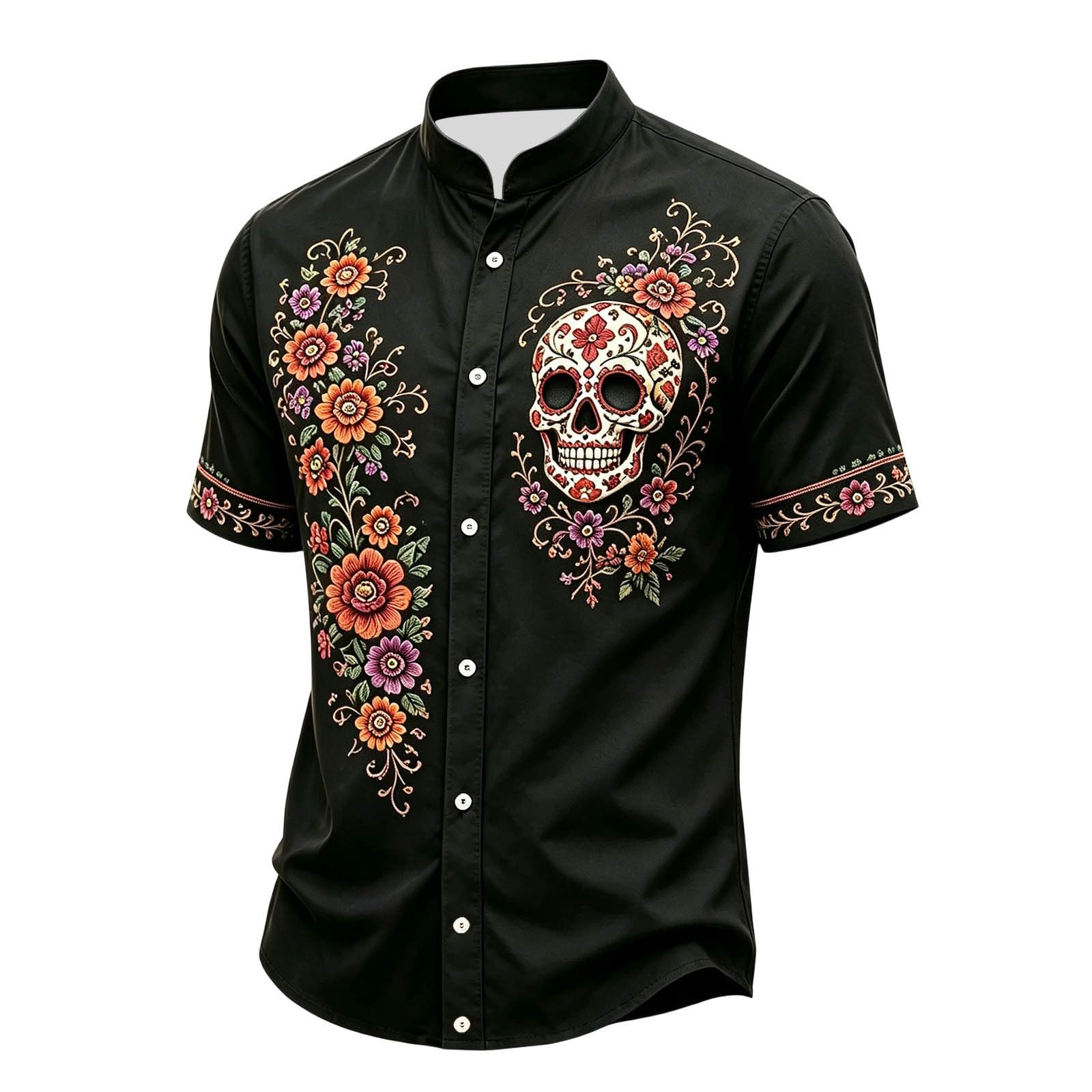 Halloween Shirt Men,Skull Shirt Mens Short-Sleeve Day of The Dead Floral Skull Goth Casual with Button-Down Fit Spooky Party Wear Funny Graphic Vintage Style Casual Outfits — image 1