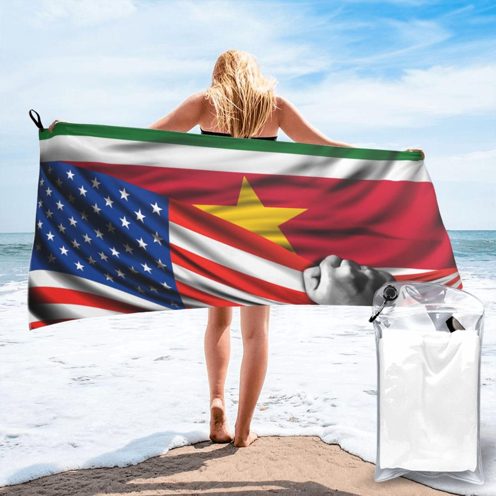 HACXZ Beach Towel America Flag and Suriname Flag Microfiber Beach Towel Lightweight Absorbent 27.5"X55"