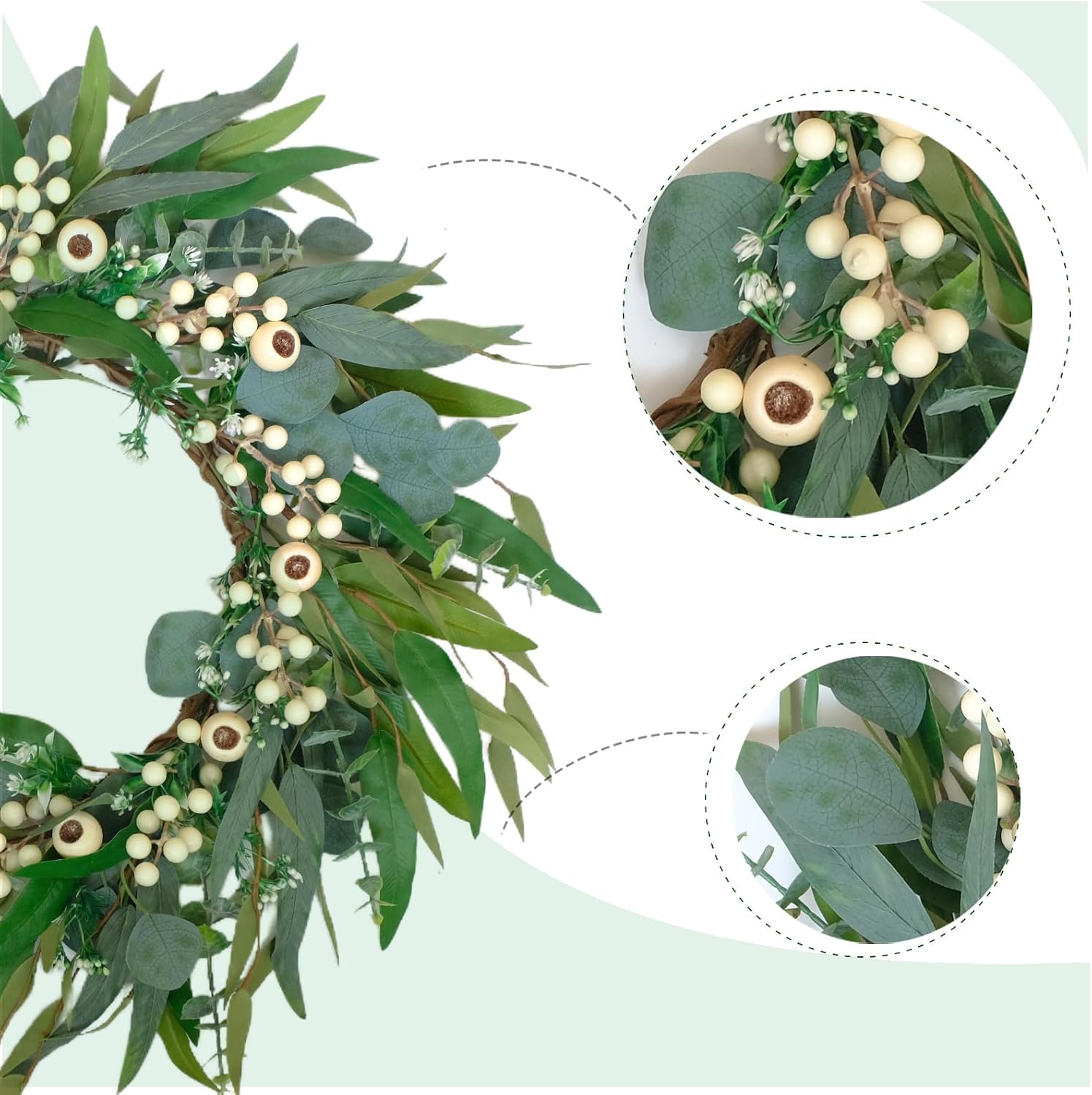 24 Inch Spring Eucalyptus Olive Leaves Wreath for Front Door, All Season Greenery Wreath with White Berries for Indoor Outdoor, Winter Spring Summer Wreath for Home Decor