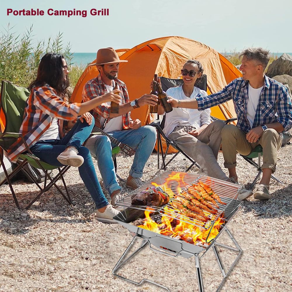 Grill De Camping Portable Robuste, Antirouille, Résistance À La Corrosion, Feu De Camp Pliable, Grill En Acier Inoxydable 430 Pour Le Camping, La Randonnée, Les Pique-Niques, Les Voyages, Etc