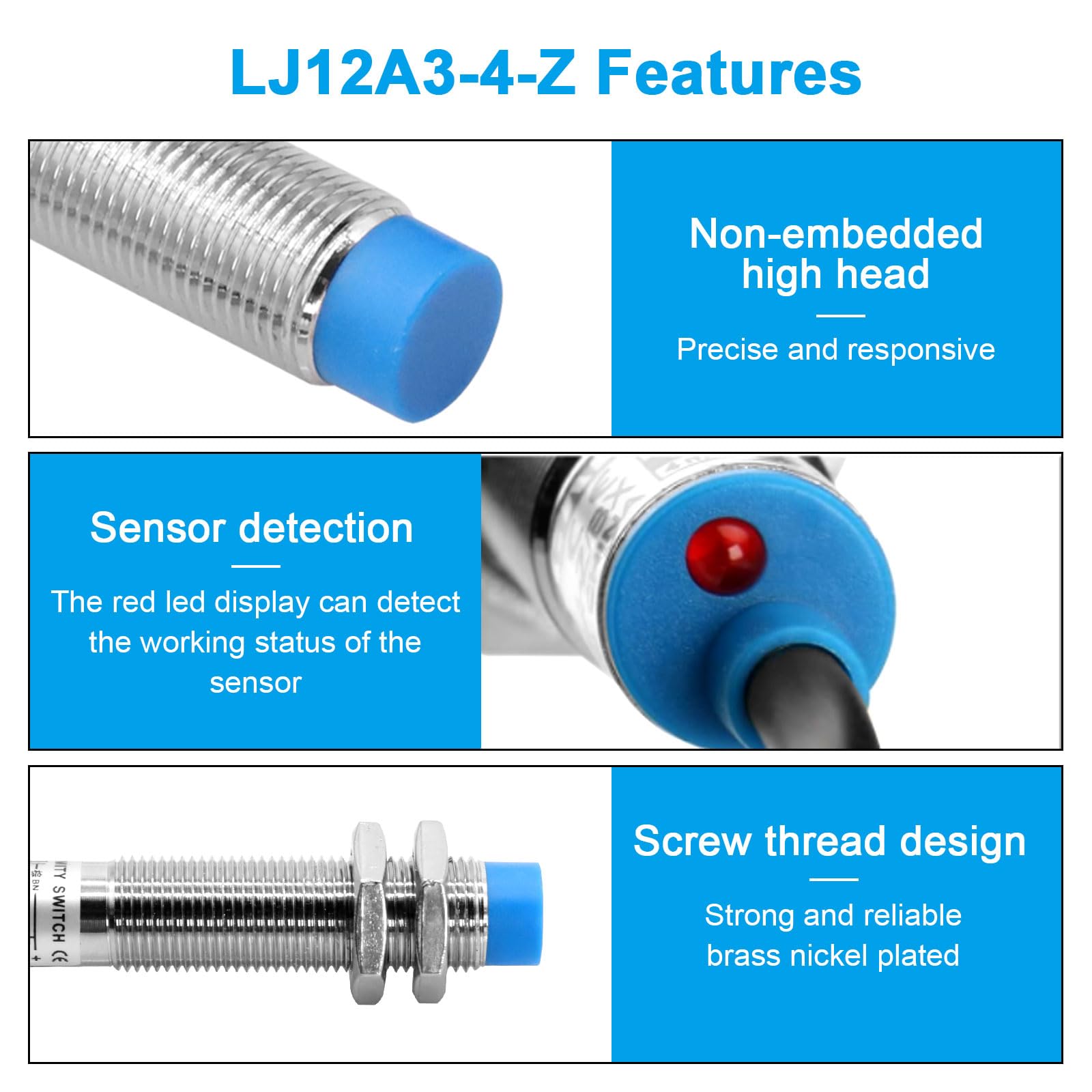Produktbild von LJ12A3-4-Z BX Näherungssensor – 5 Stück, Induktiv, NPN, NC, 3-adrig, DC 6–36V, Arduino-kompatibel