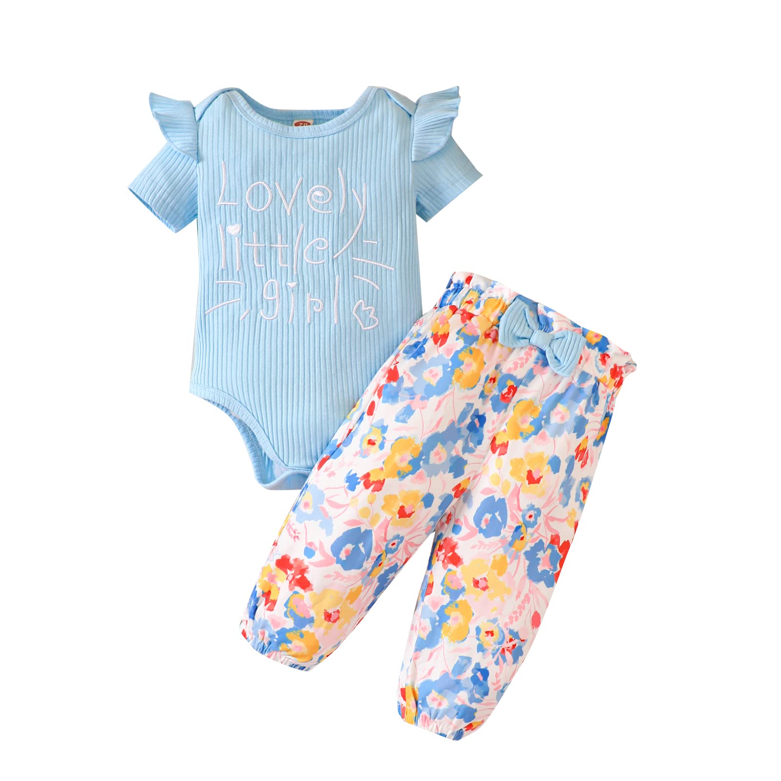 BorlaiNewborn Baby Girl Clothes Set Rib Long Short Sleeve Letter Print Ruffle Romper Floral Pants Outfit Set