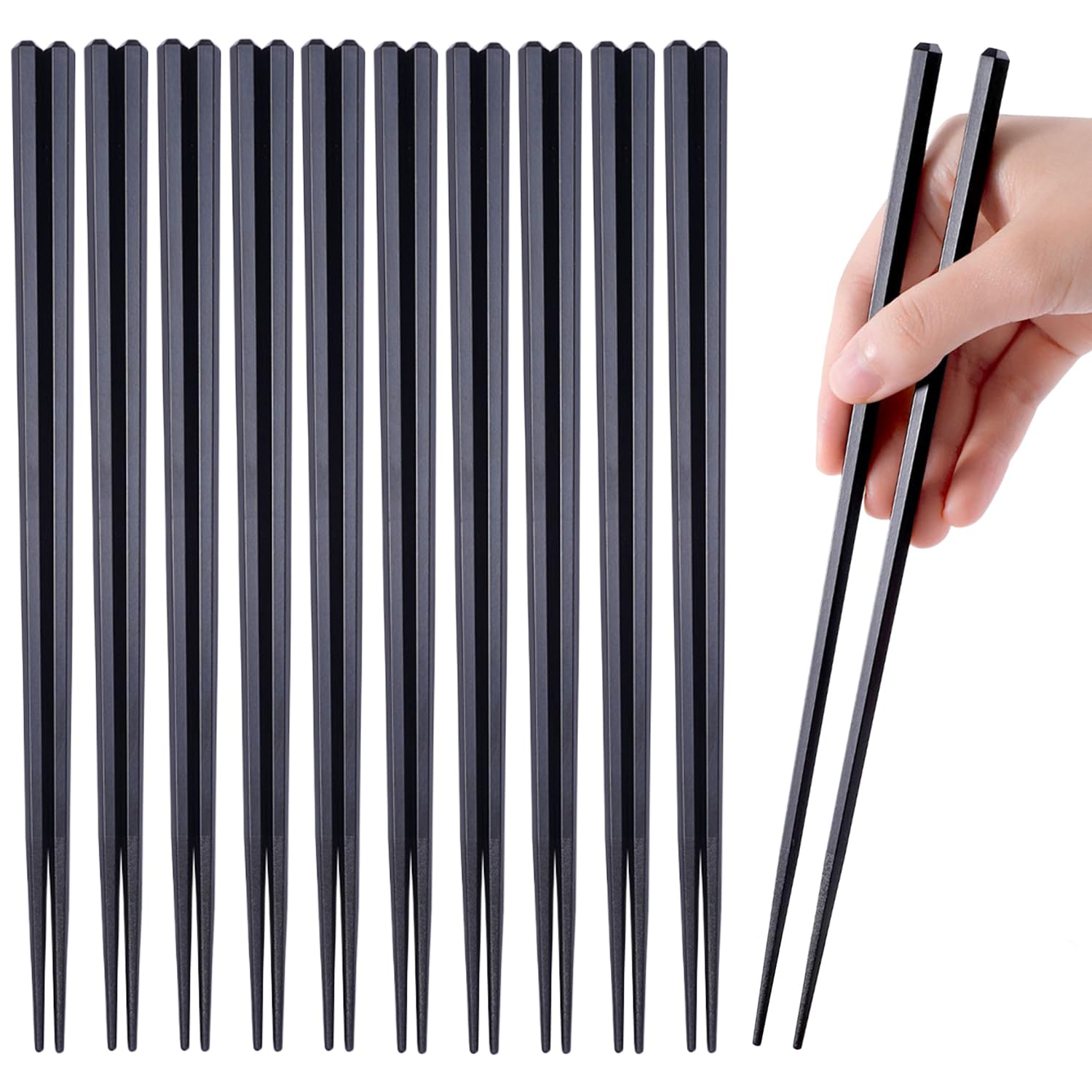10 Pairs Reusable Fiberglass Chopsticks, Dishwasher Safe, 9.6 Inch, Premium Non-Slip, Chinese and Japanese Chopsticks, Black