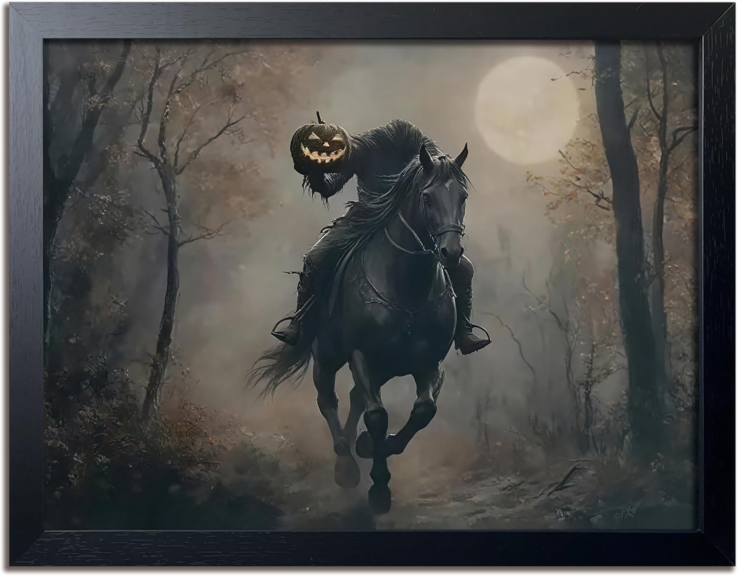 Vintage Canvas Wall Art, Dark Academia Wall Decor, Gothic Poster Print Painting, Headless knight holding a pumpkin lantern Halloween for Living Room Bedroom Decor 8x10 Inch Black Wood Framed
