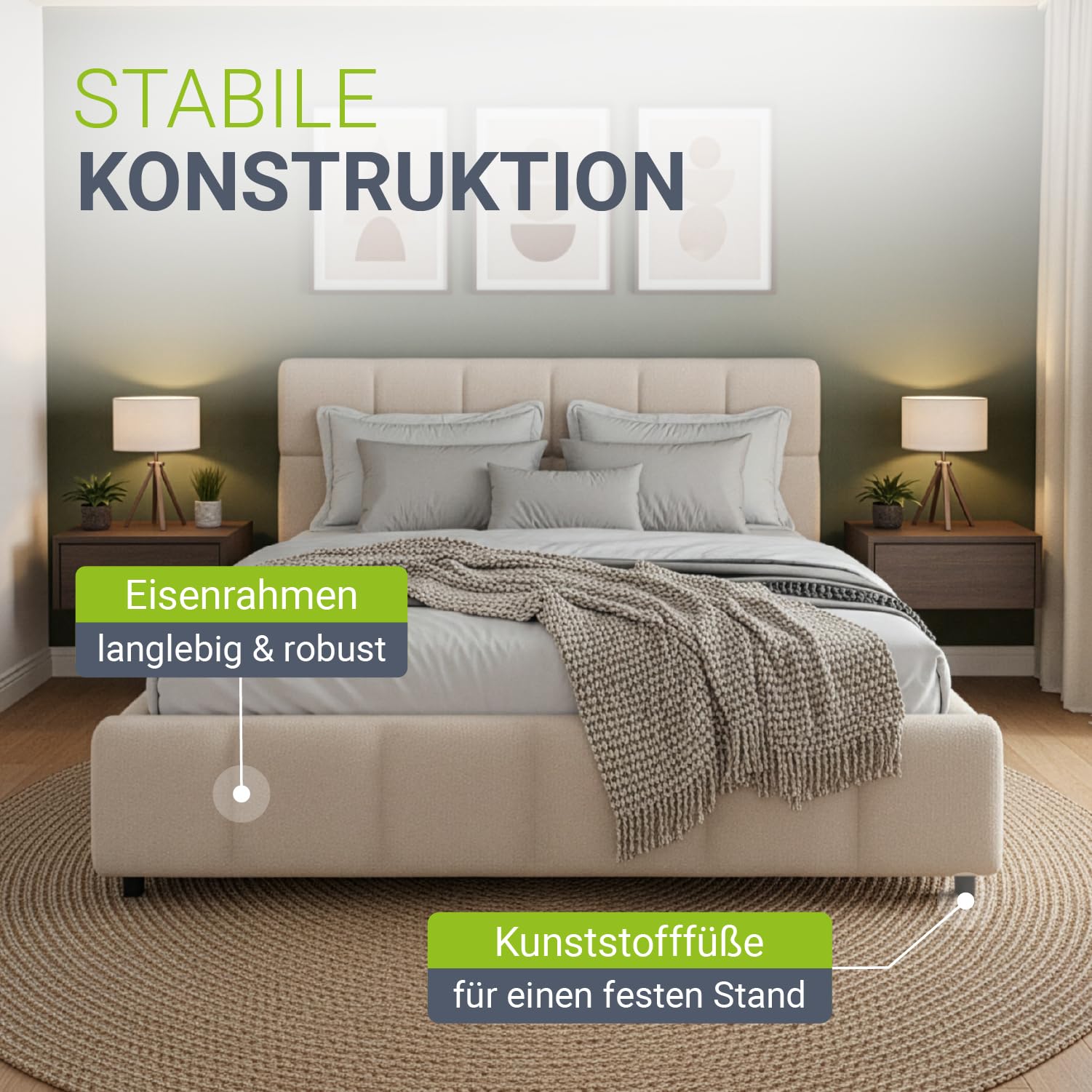Juskys Polsterbett Florenz 140 x 200 cm mit Matratze – Bouclé, modernes Bett mit Kopf- & Fußteil, stabilem Holz- & Metallrahmen, Lattenrost, 500 kg Tragkraft – Beige
