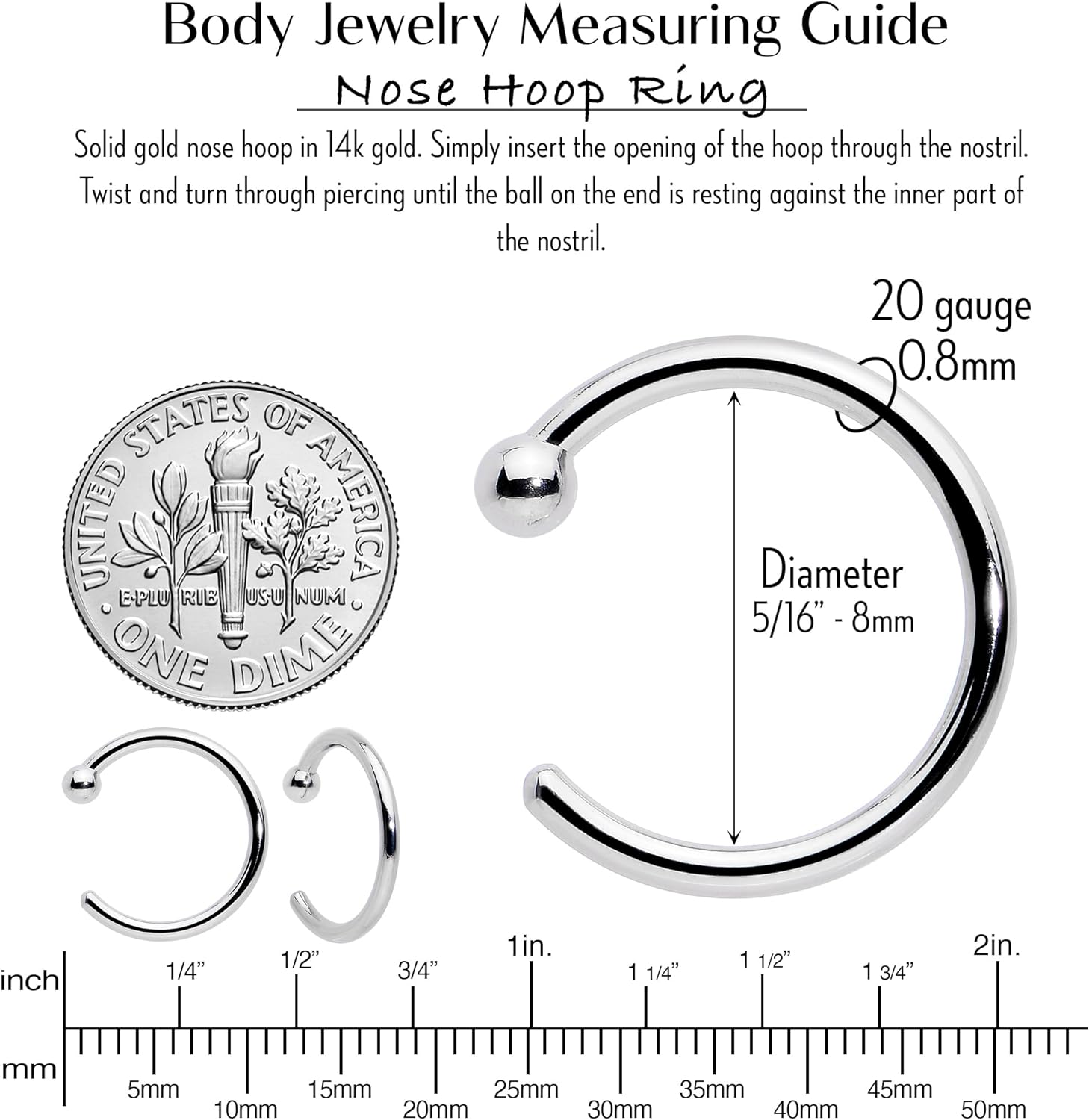 14k Solid Gold Nose Hoop Ring, Real Gold Hypoallergenic Nose Piercing Jewelry - Handmade in USA by Master Jeweler, 20 Gauge 5/16"