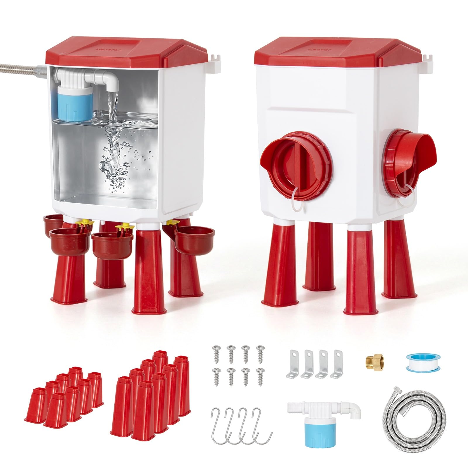Todeco Comedero y Bebedero Automático para Gallinas, 8 kg + 7 L | 2 puertos de alimento antilluvia, 4 bebederos, válvula de flotador, con 16 patas, para colgar o montar en pared