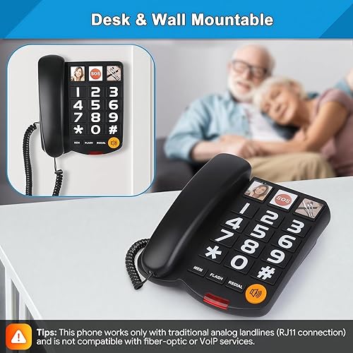 Miniatura 6 de Sangyn Teléfonos Fijos para Personas Mayores con Botón Grande, Teléfono Fijo con Cable para el Hogar con Volumen de Timbre Fuerte Amplificado,