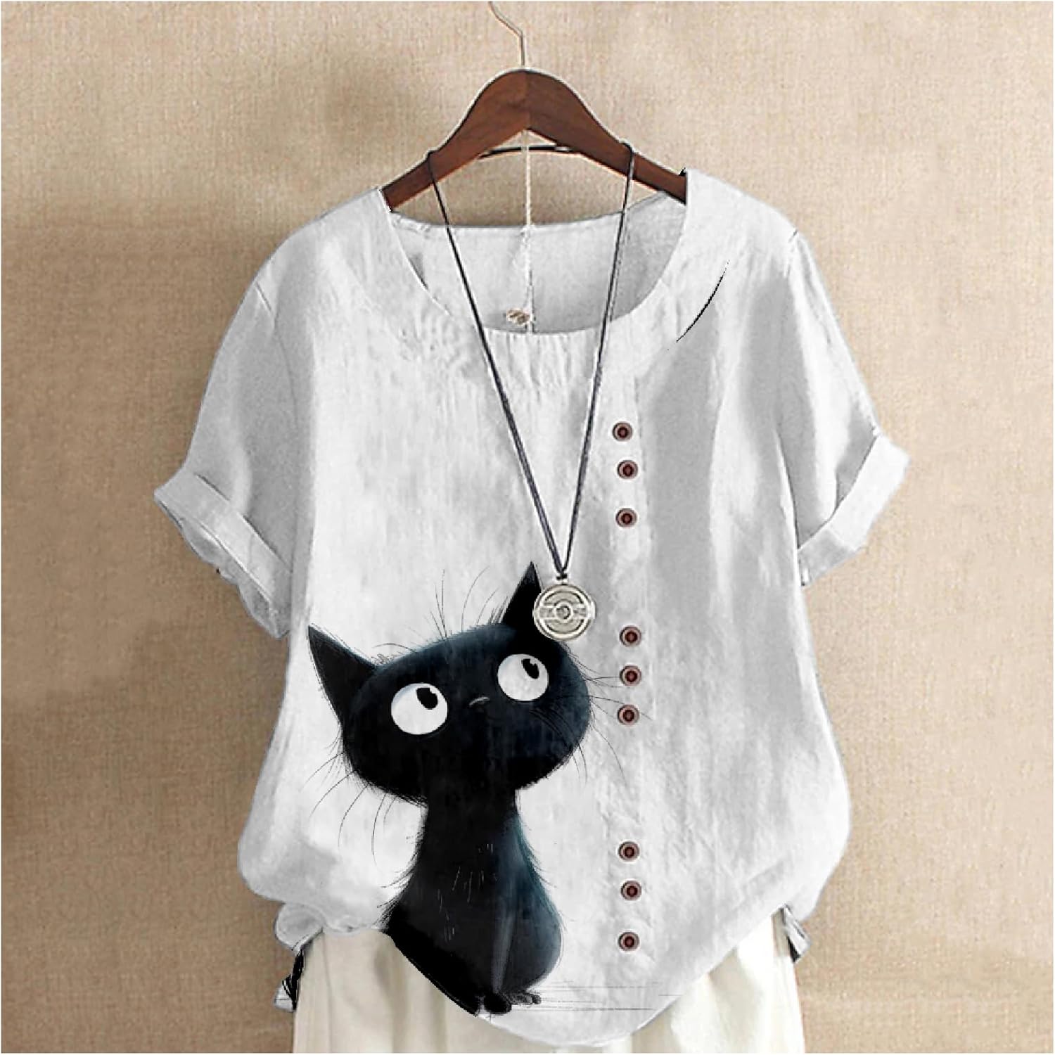 Cat Shirts for Women Loose Fit Short Sleeve Crewneck 2024 Summer Beach Boho Hide Belly Vintage Dressy Tops - Image 2