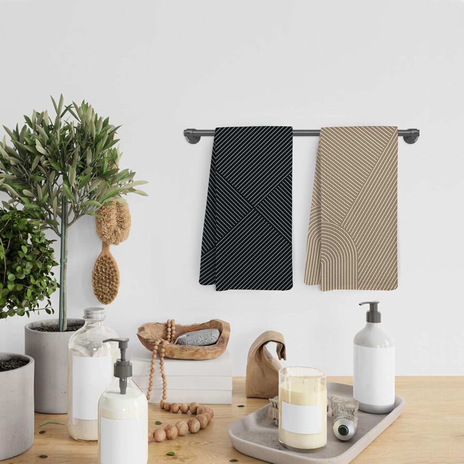 Boho Abstract Line Kitchen Towels and Dishcloths Set of 2, Mid Century Modern Dish Towels, Black Neutral Minimalist Decorative Hand Tea Towel for Bathroom Kitchen, 16x24 Inches - Image 6