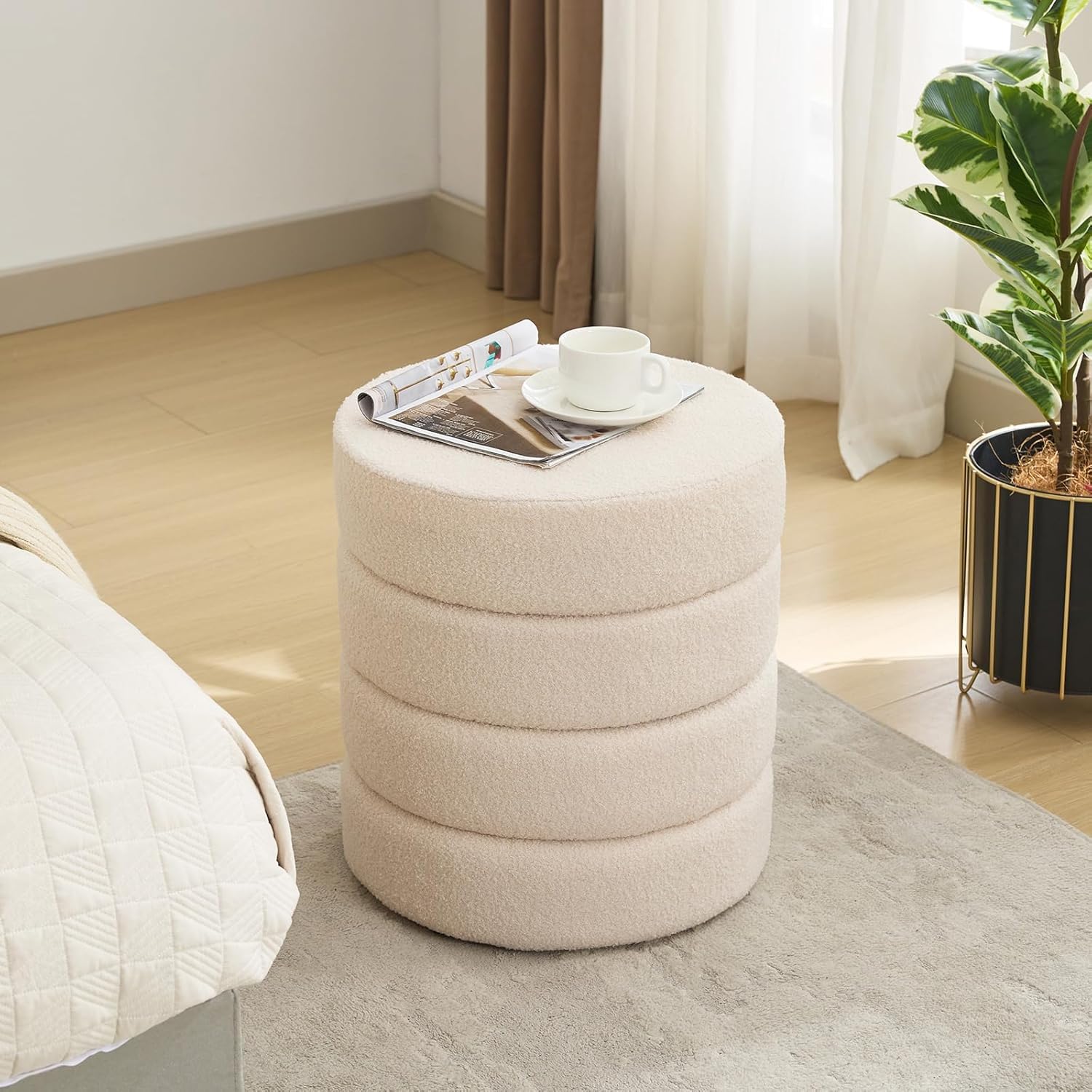 MYLAWOOD 16'' Vanity Stool Chair Modern Foot Rest Set of 2, Upholstered Small Round Foot Stools Boucle Pouf Ottoman with Padded Seat, Elevate Your Living Room Decor/Bed/Dorm, Sherpa White-image-13