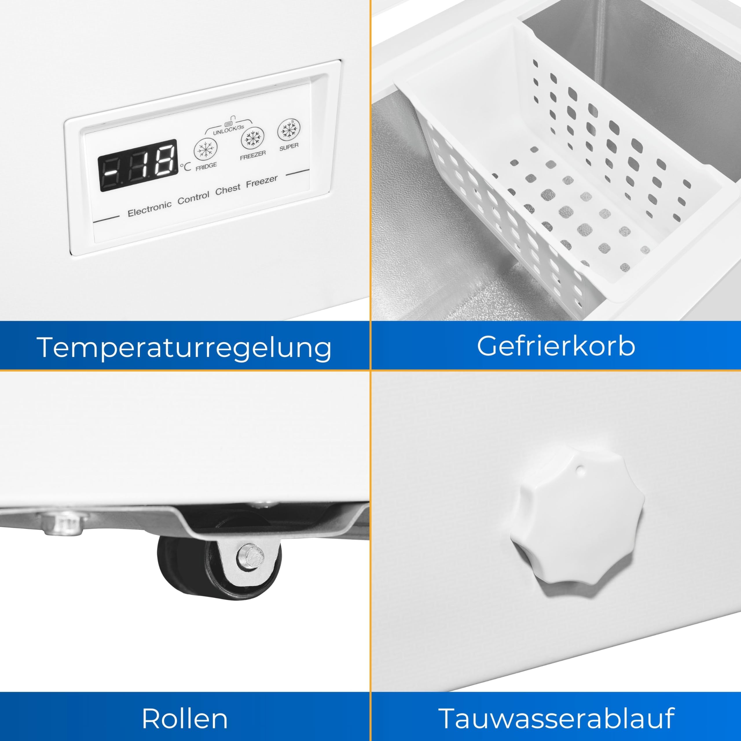 Exquisit Gefriertruhe GT150-E-040E Weiß - 142 L Tiefkühltruhe - 55 cm | Freistehender Gefrierschrank mit 4 Sterne Gefrierleistung, Schnellgefrierfunktion, Einhängekorb und Rollen, Klasse E